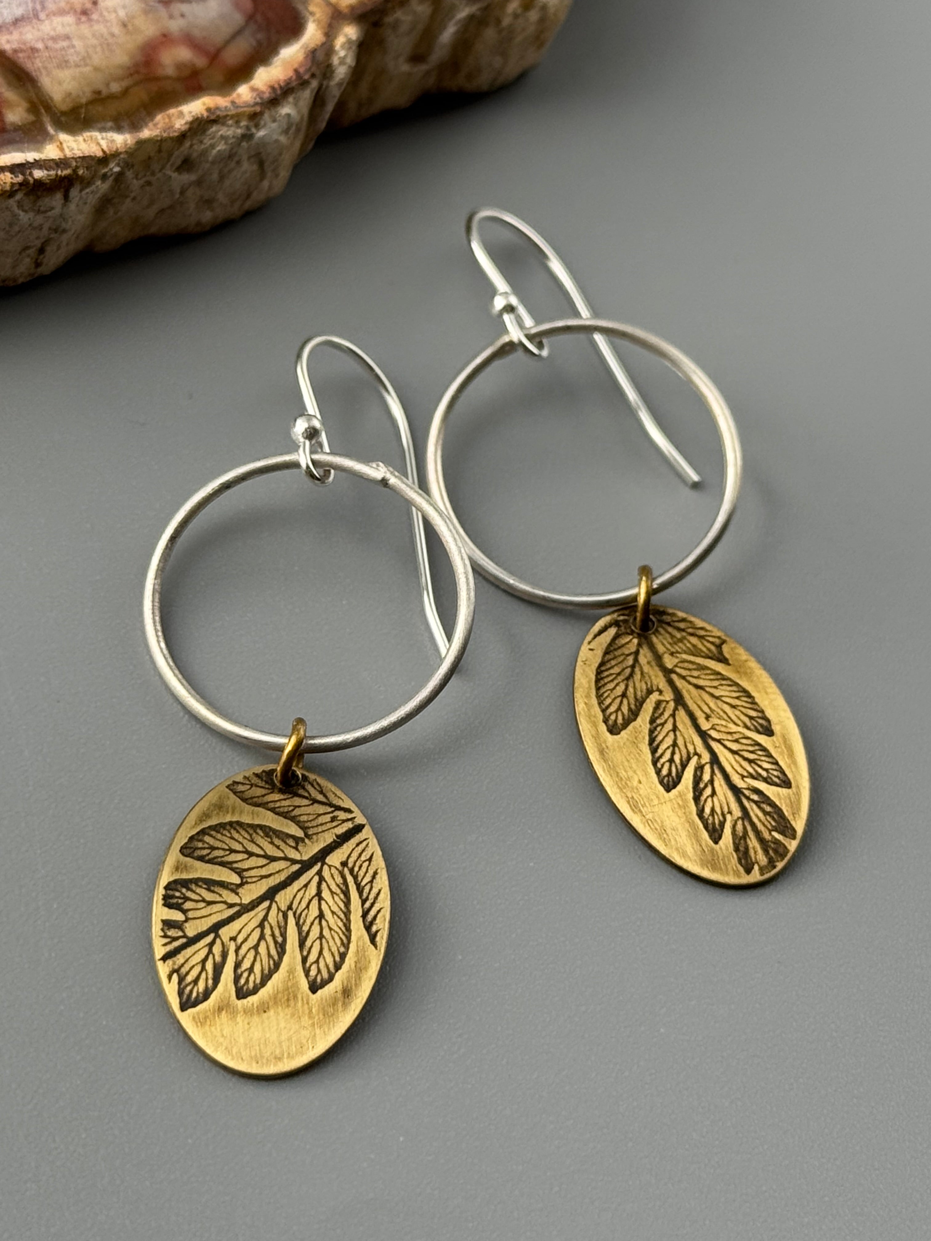 •FERN MOON• mixed metal dangle earrings