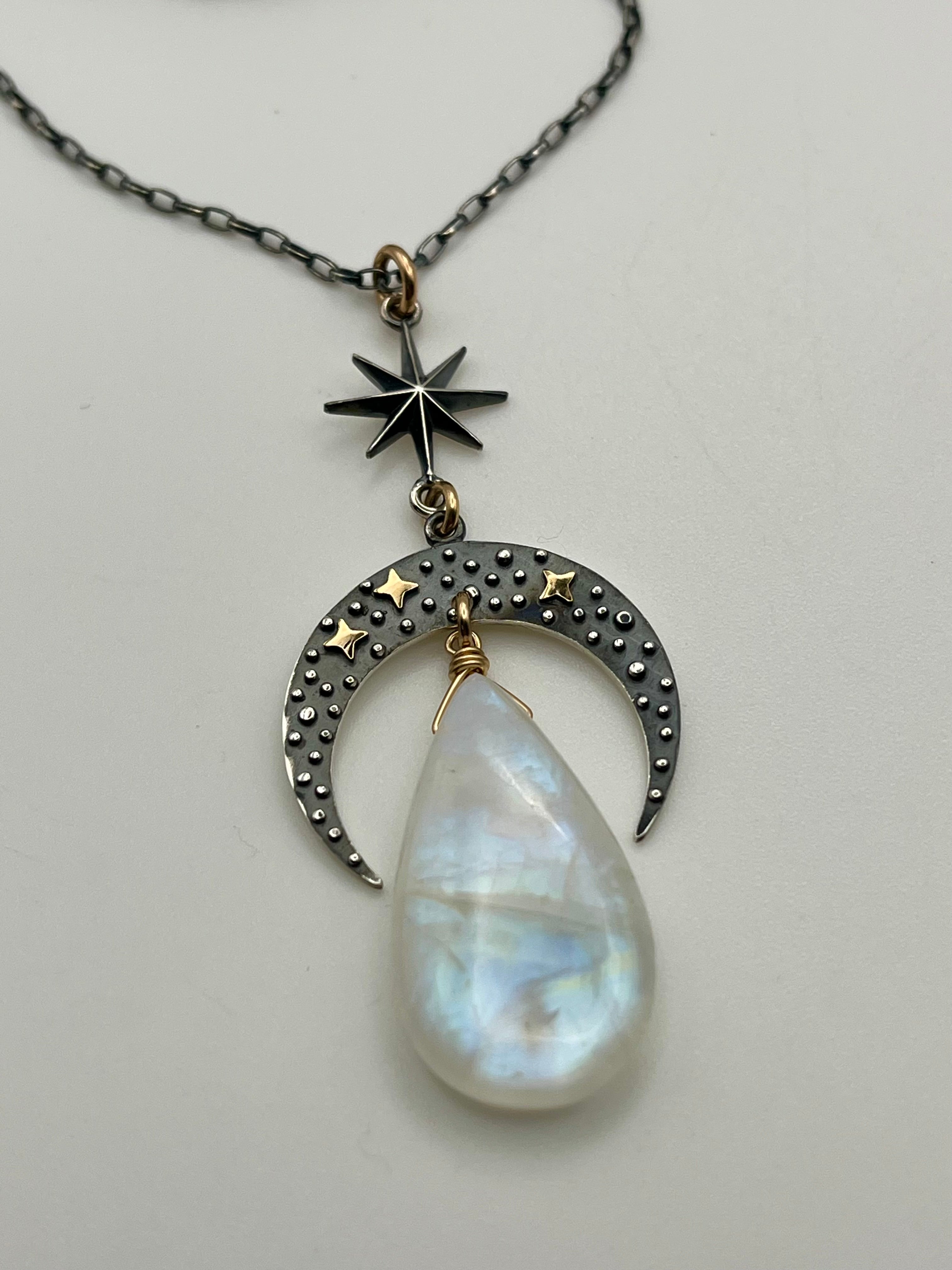 •NYX• rainbow moonstone + celestial crescent mixed metal necklace (18"-20" long)