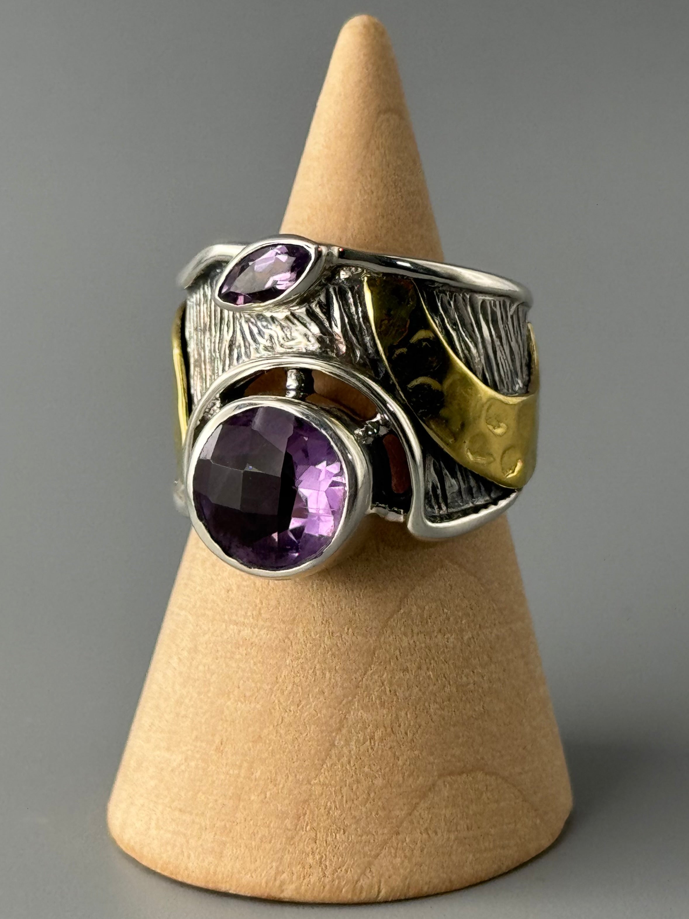 •FACETED AMETHYST - THE CROSSING• wide band mixed metal ring (various sizes)
