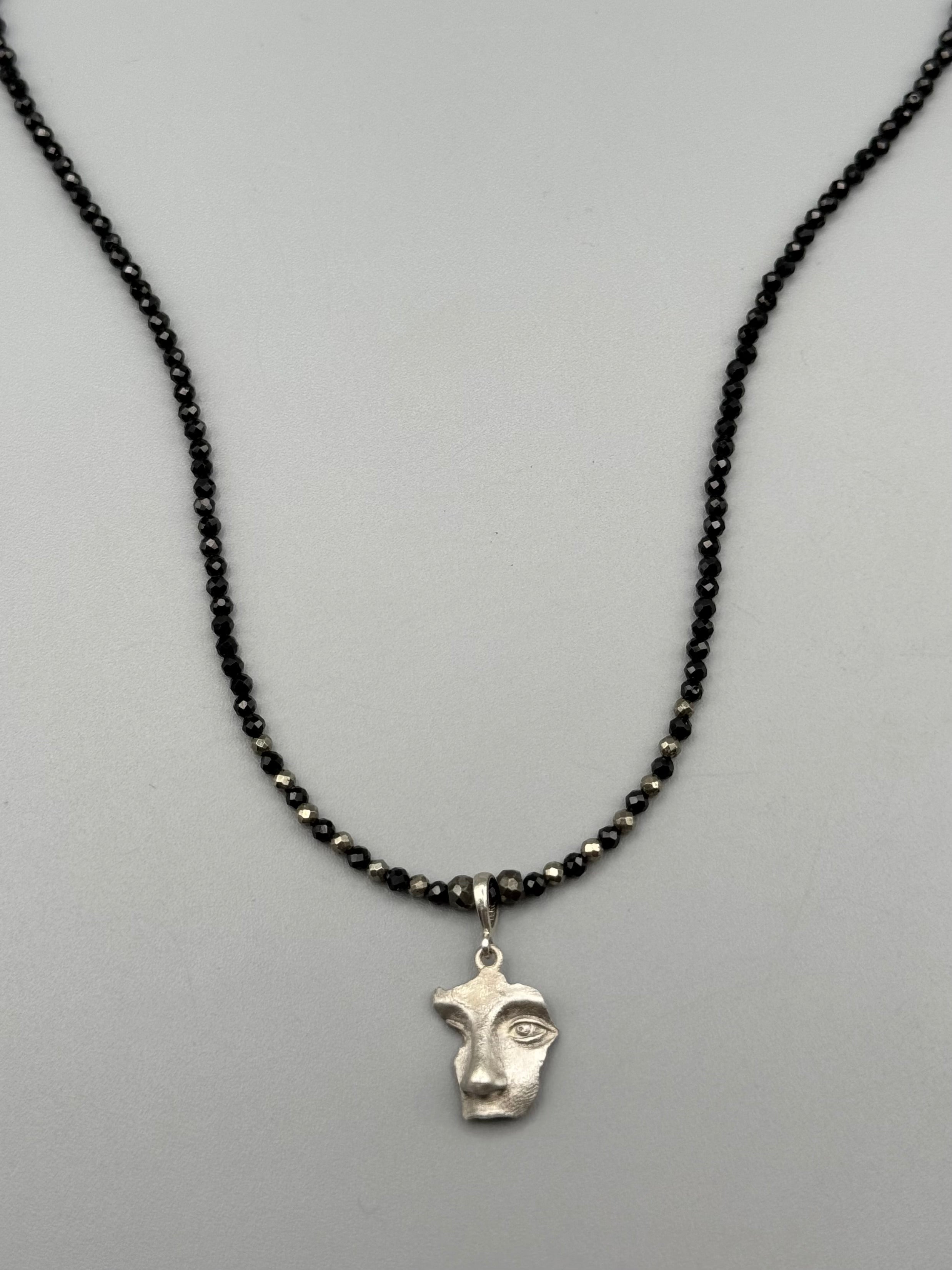 •BLACK SPINEL + PYRITE - ORACLE• silver beaded necklace (17.5" long)
