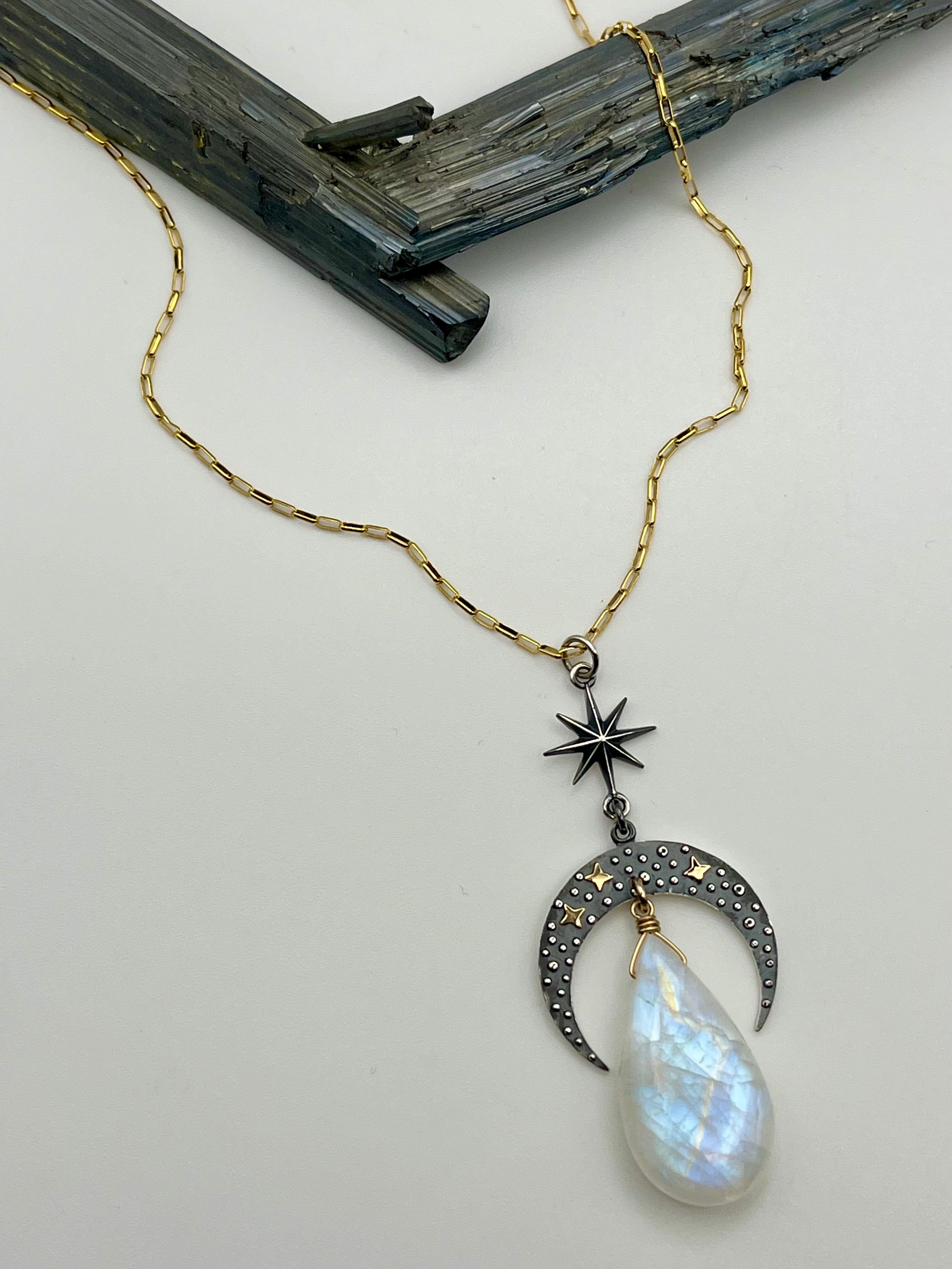 •NYX• rainbow moonstone + celestial crescent mixed metal necklace (26"-28" long)