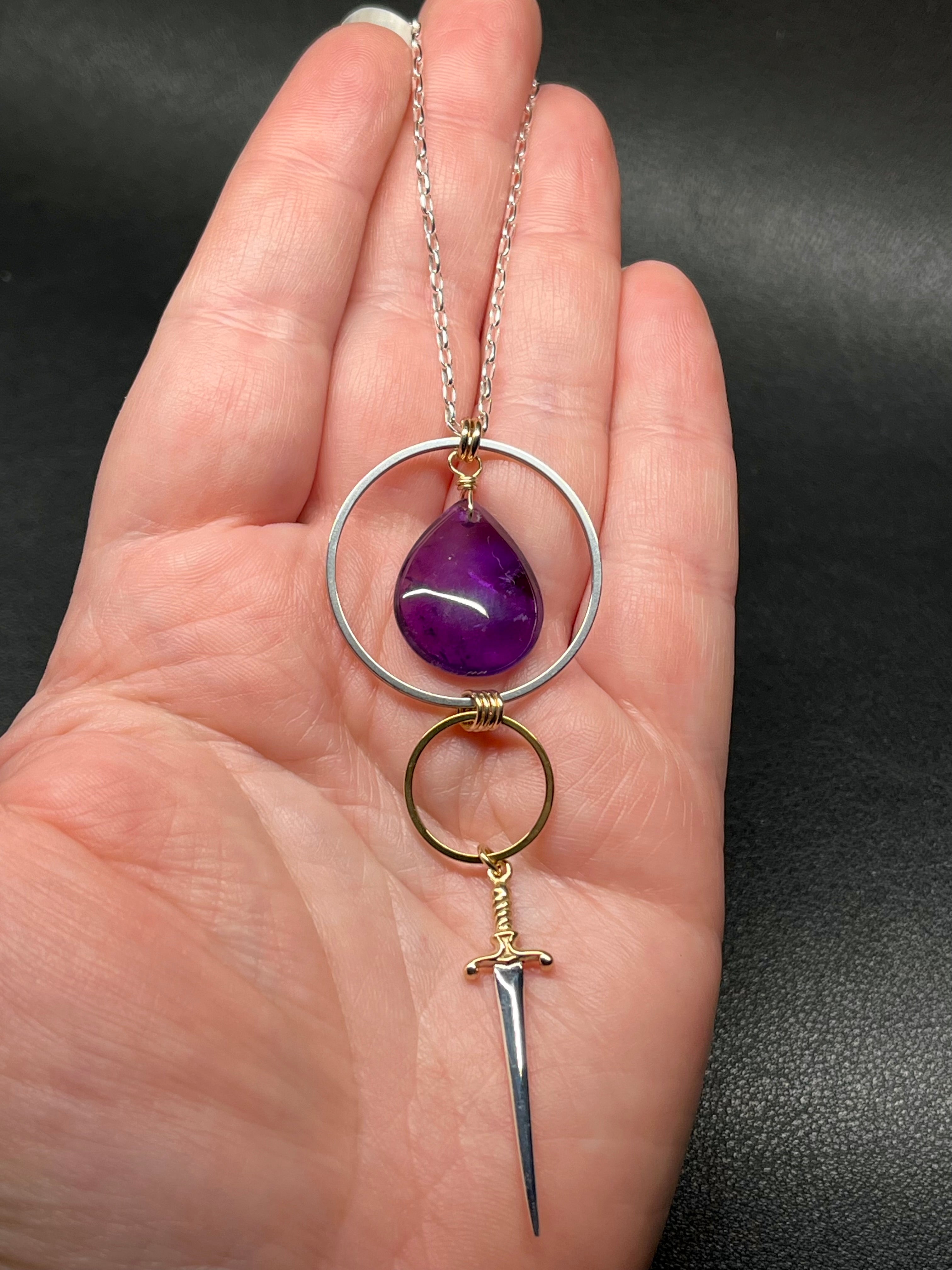 •NYX• amethyst + dagger + mixed metal necklace (26"-28")