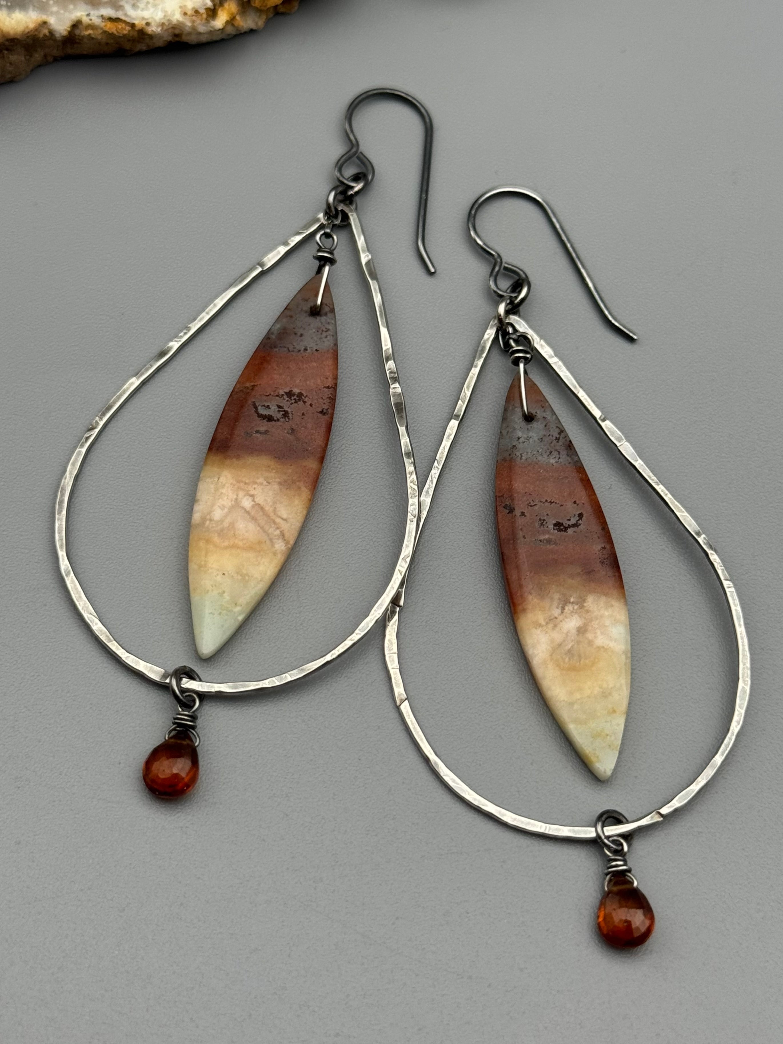 •DRIP DROP• opalized wood jasper + hessonite garnet silver earrings