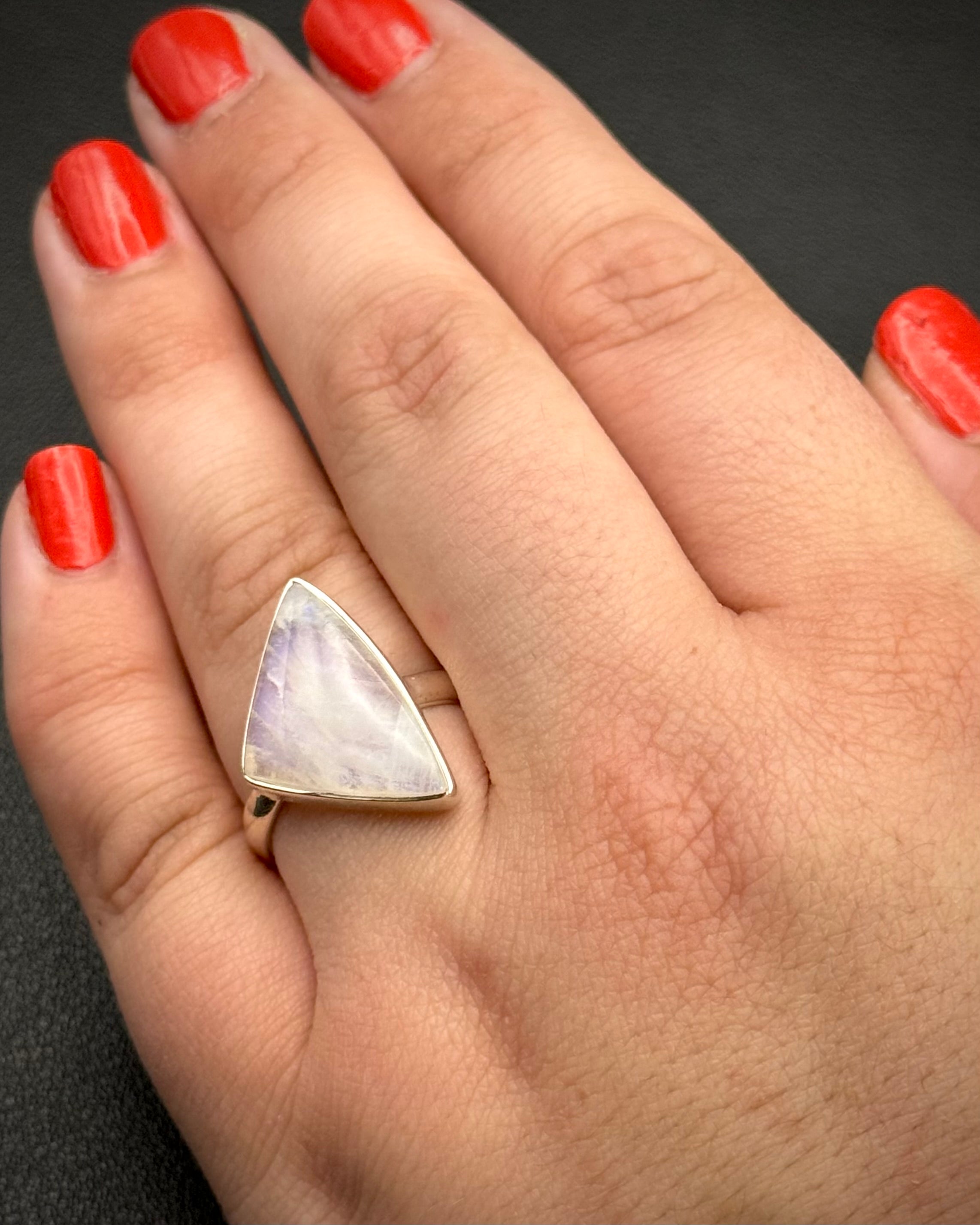 •RAINBOW MOONSTONE - LARGE SOFT TRIANGLE• silver ring (size 9)