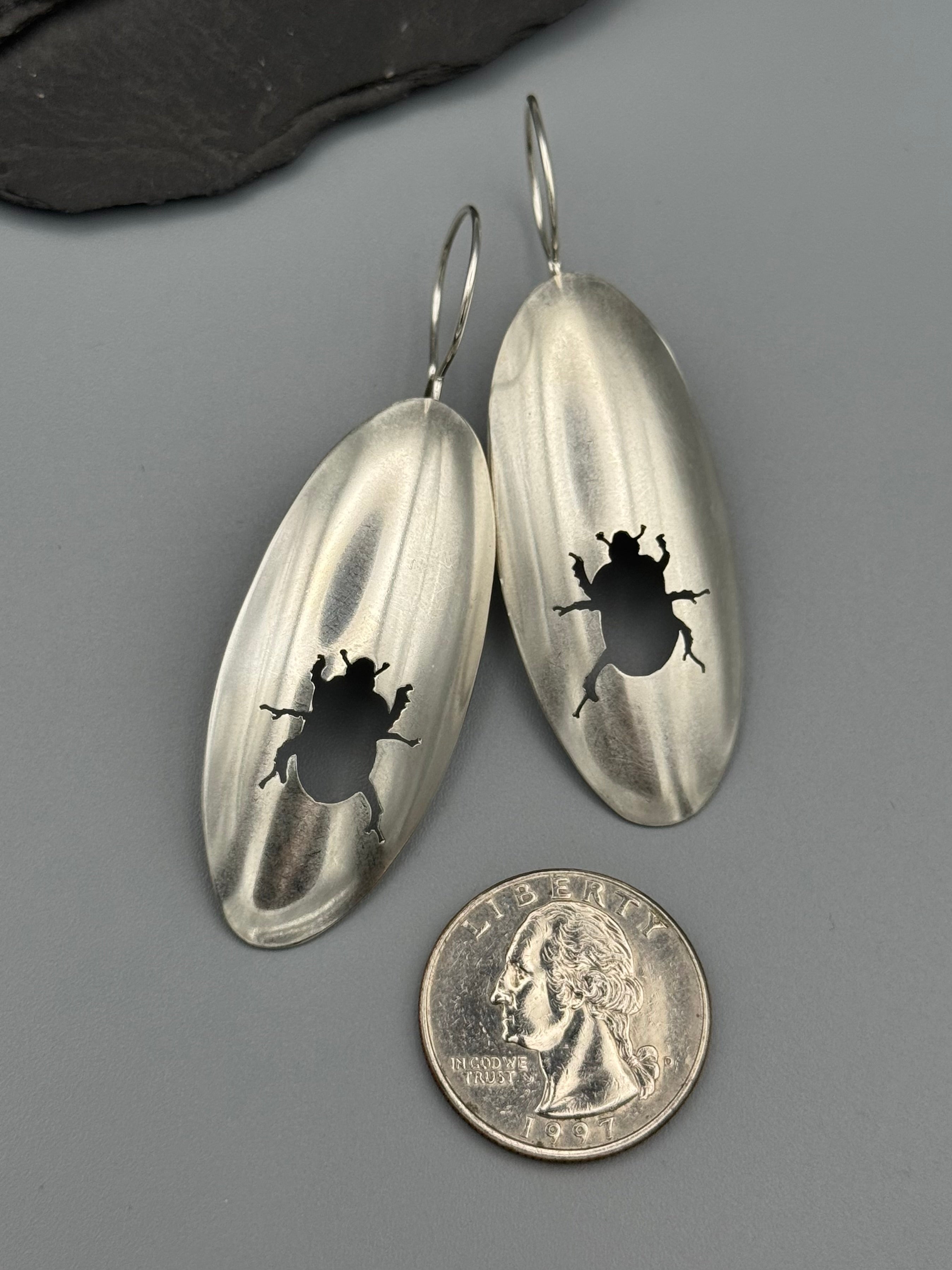 •SCARAB - OVAL• beetle silhouette + silver dangle earrings