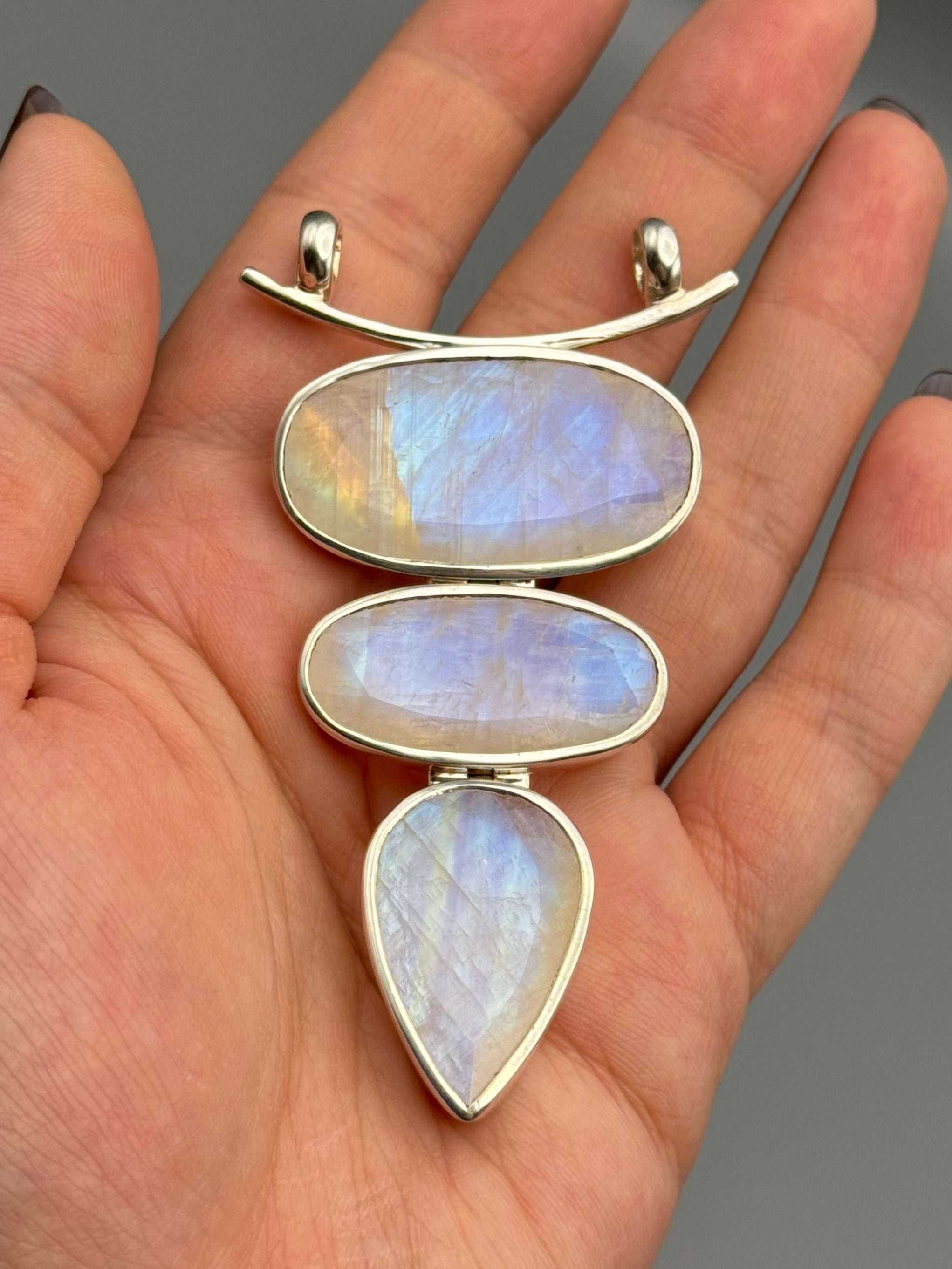 •FACETED RAINBOW MOONSTONE - HINGED TRIO• sterling silver pendant