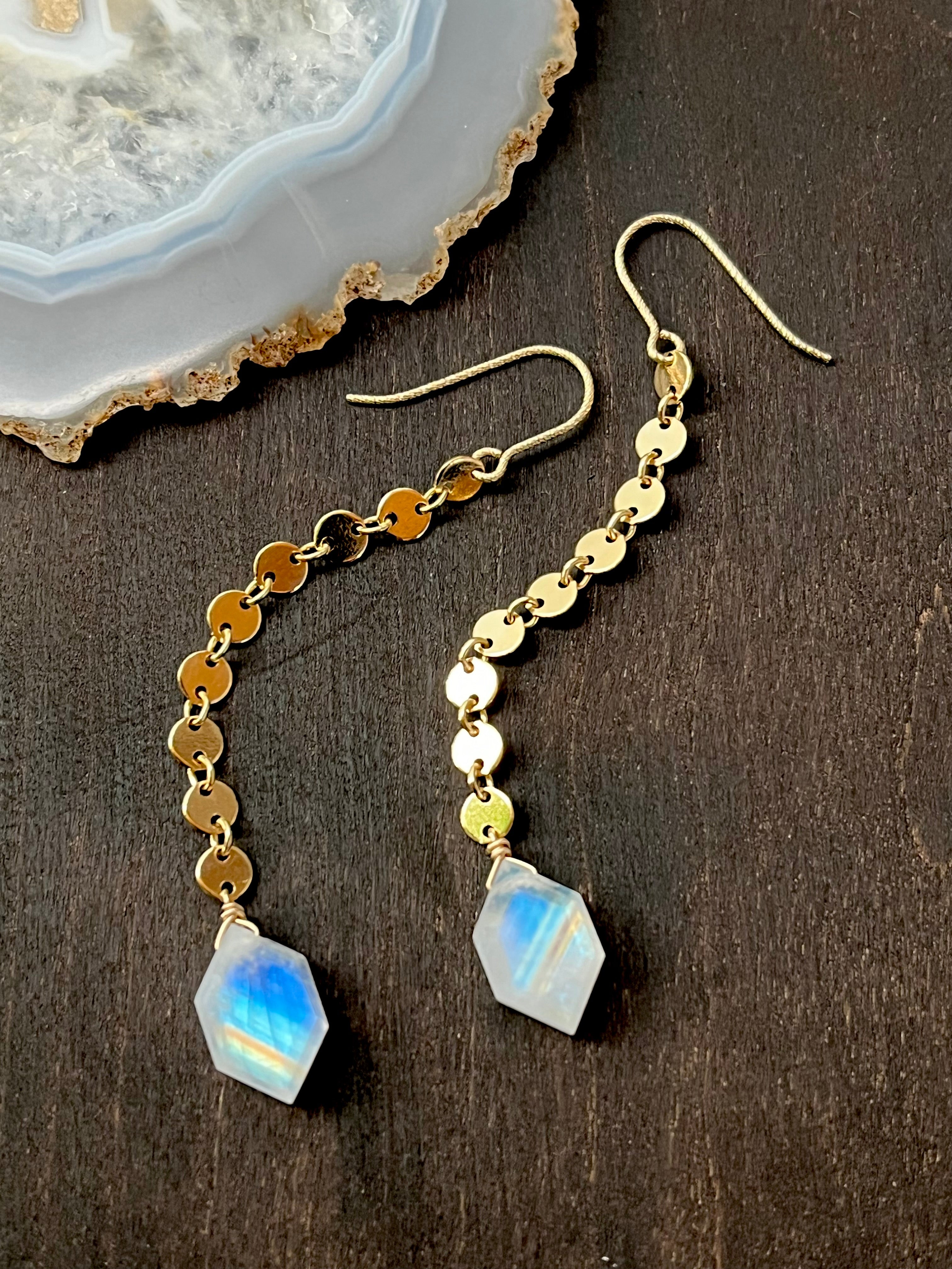 •MANY MOONS• rainbow moonstone + gold dangle earrings