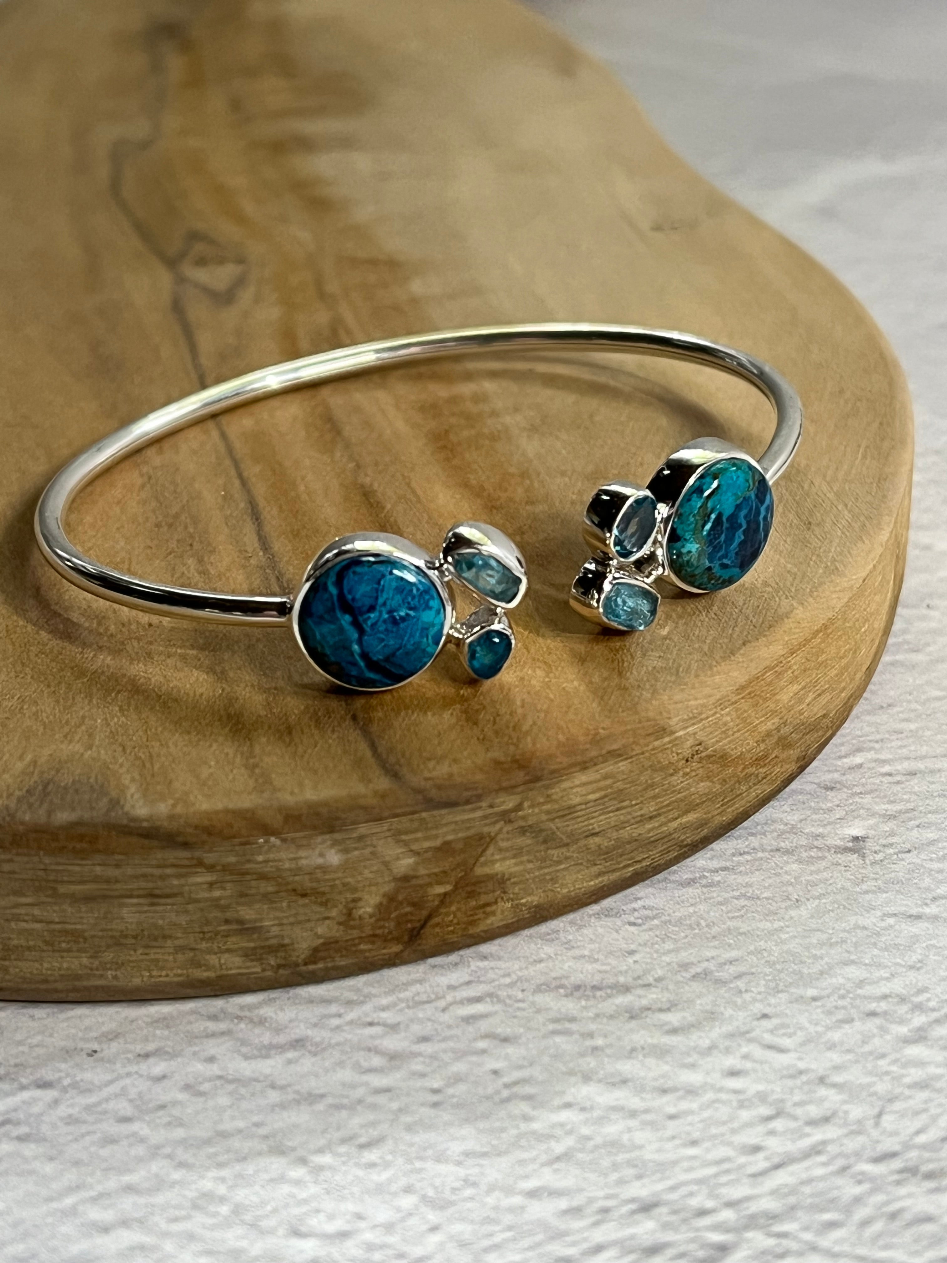 •CLUSTERED• shattuckite + apatite + blue topaz + silver twist-on cuff bracelet