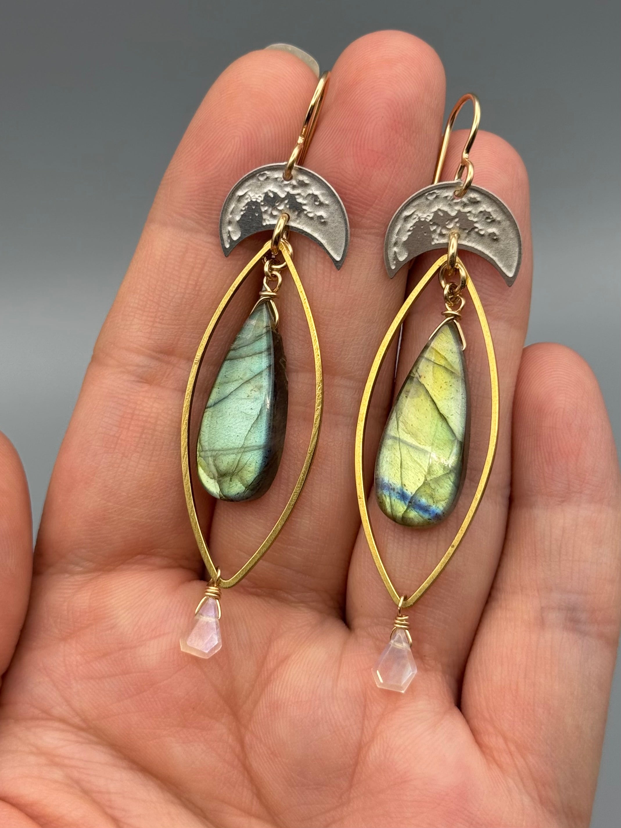 •CRATER MOON MARQUISE• labradorite + rainbow moonstone mixed metal earrings