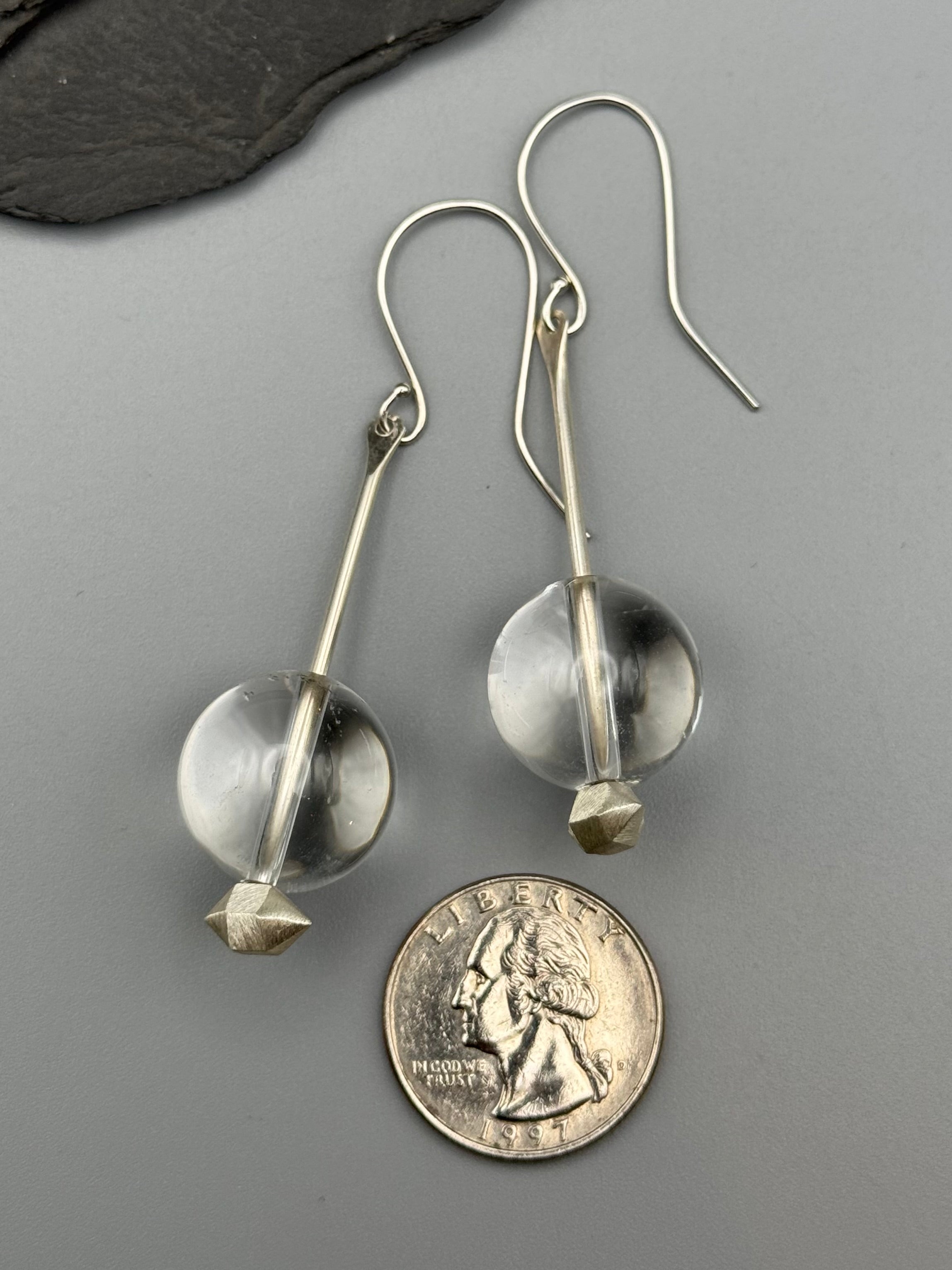 •ORB• clear quartz sphere + herkimer cast silver dangle earrings