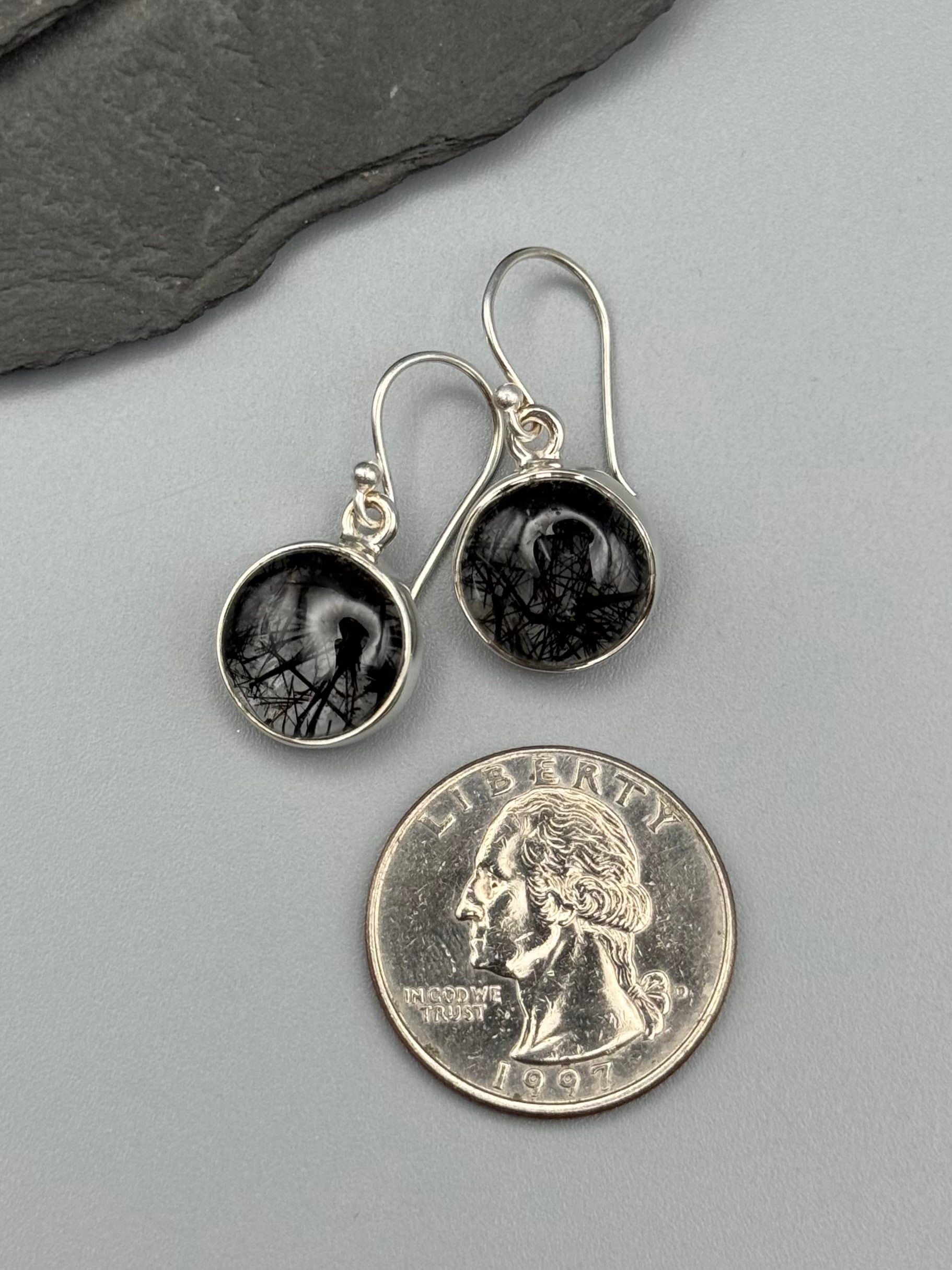 •SIMPLE CIRCLE• tourmalinated quartz + silver dangle earrings