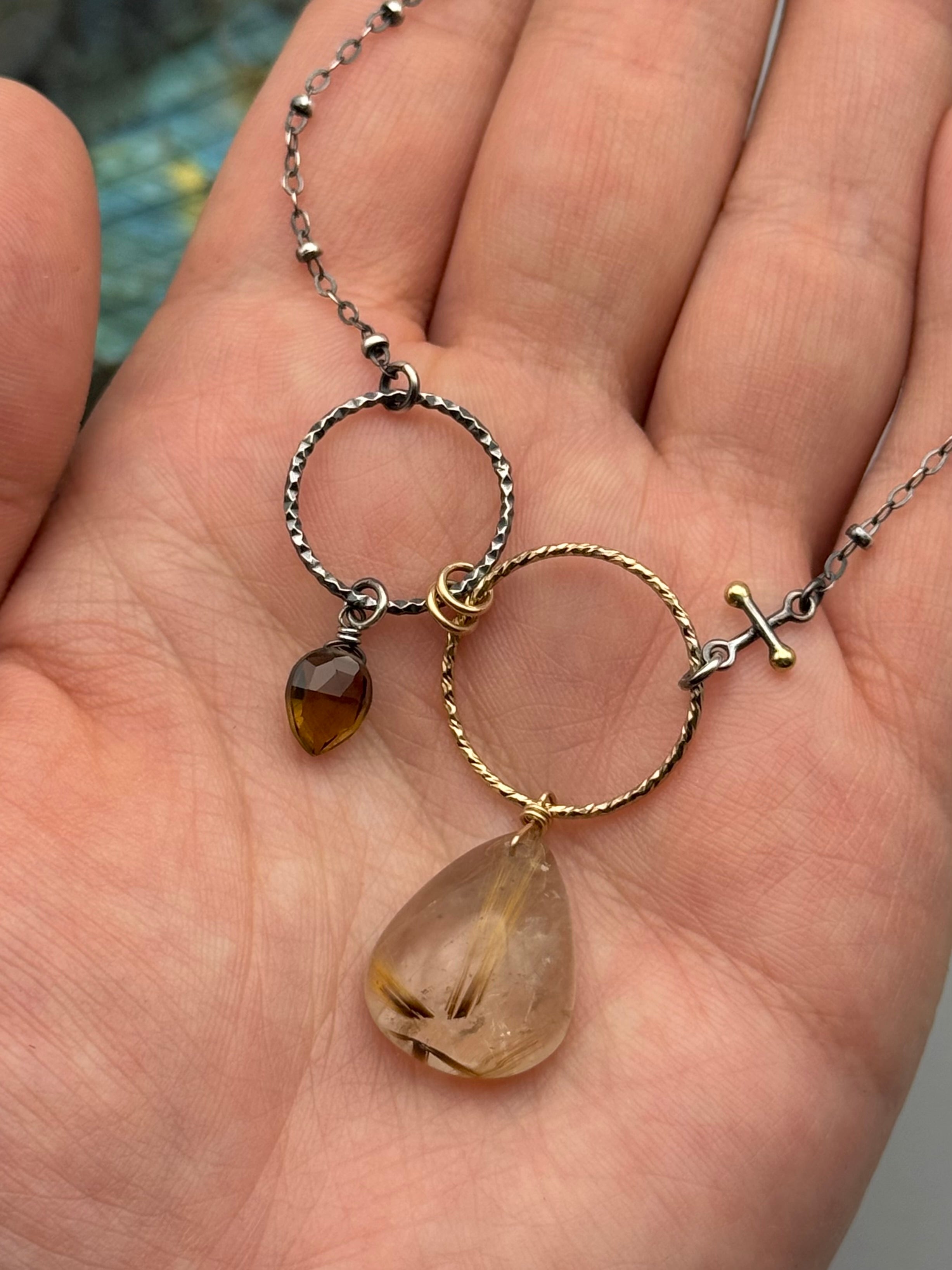 •UNION• honey quartz + rutilated quartz mixed metal necklace (16"-18" long)