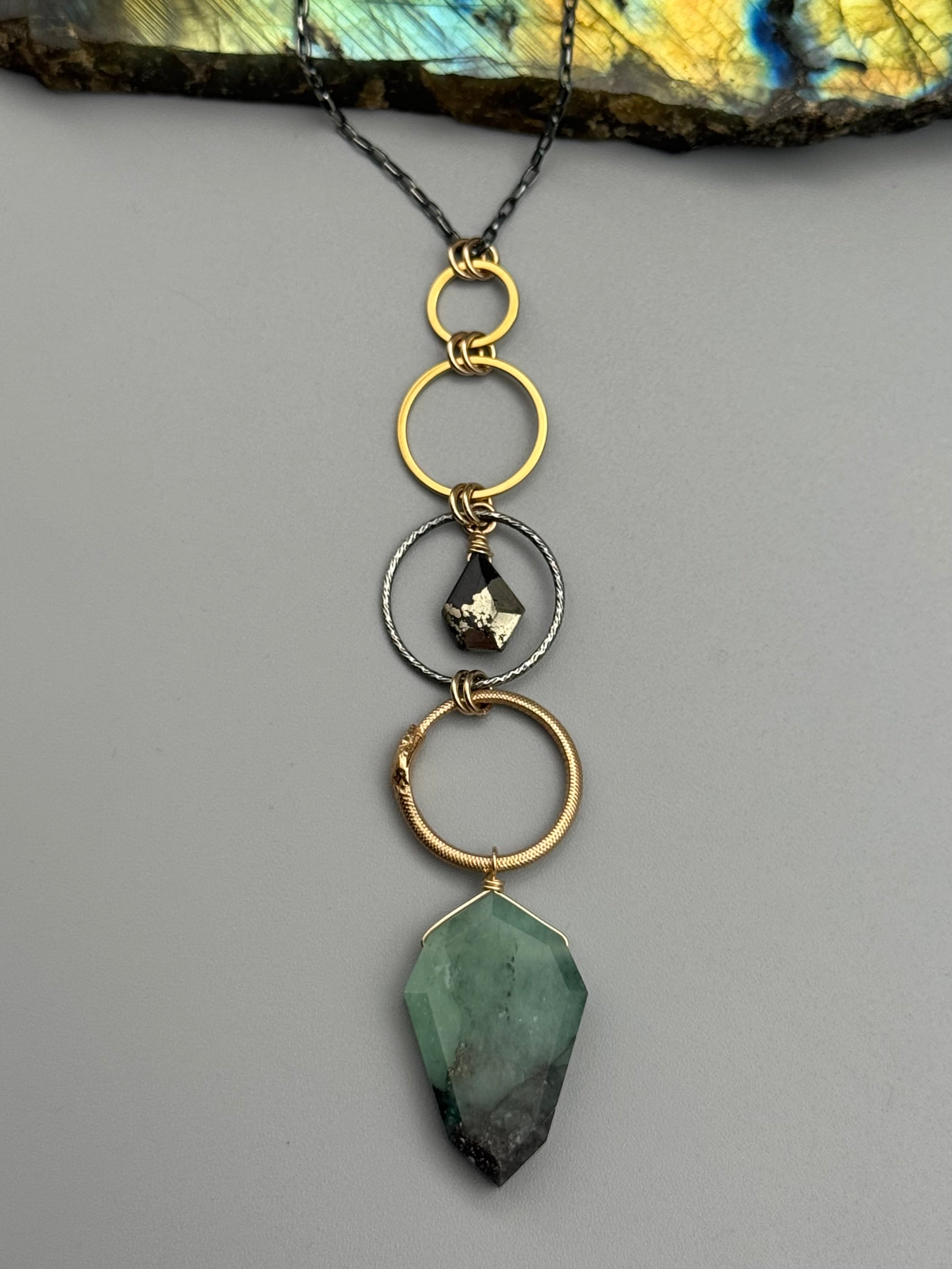 •NĀGA• pyrite + emerald mixed metal necklace (26"-28" long)