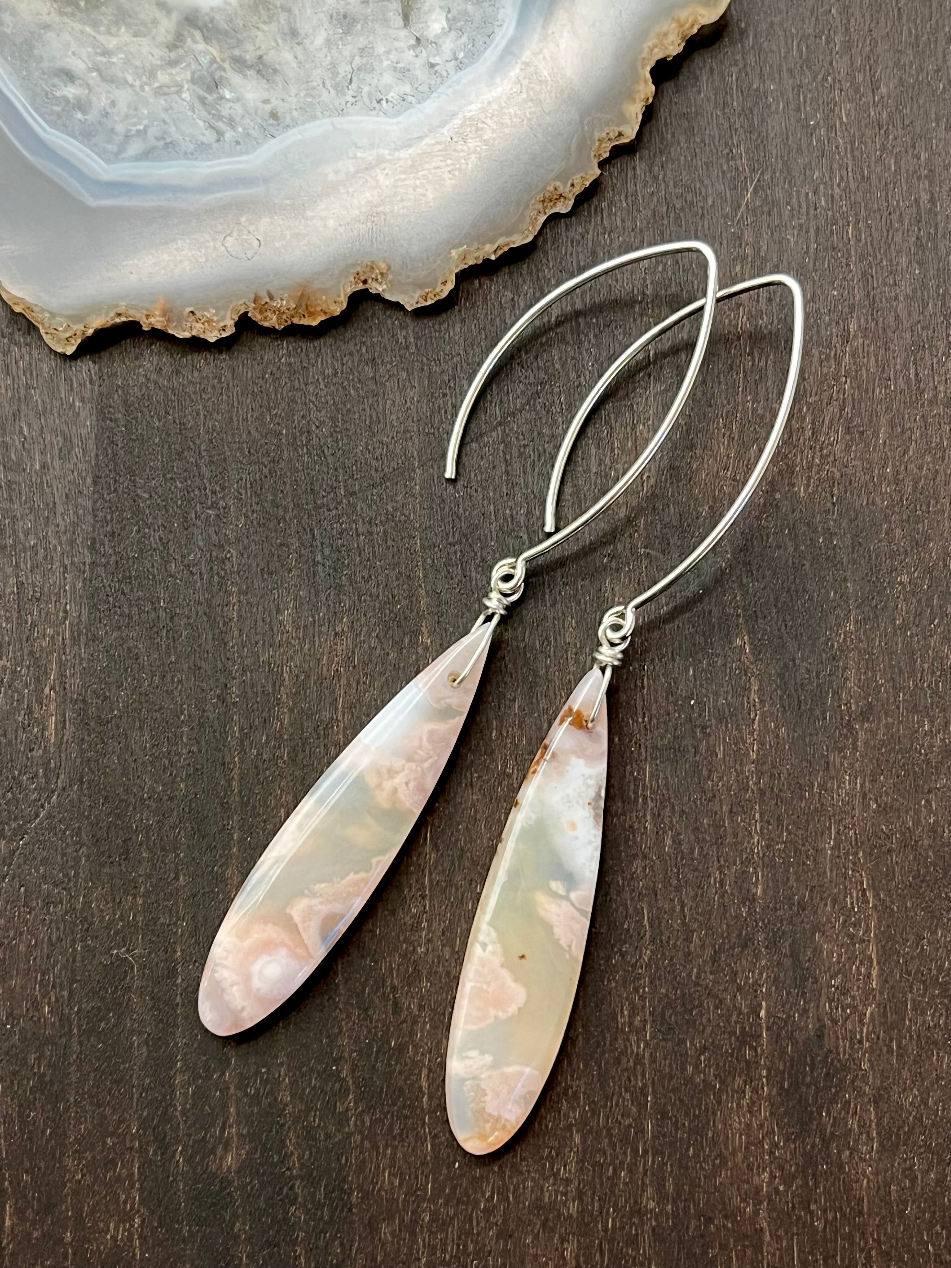 •STRAY• cherry blossom agate + silver dangle earrings