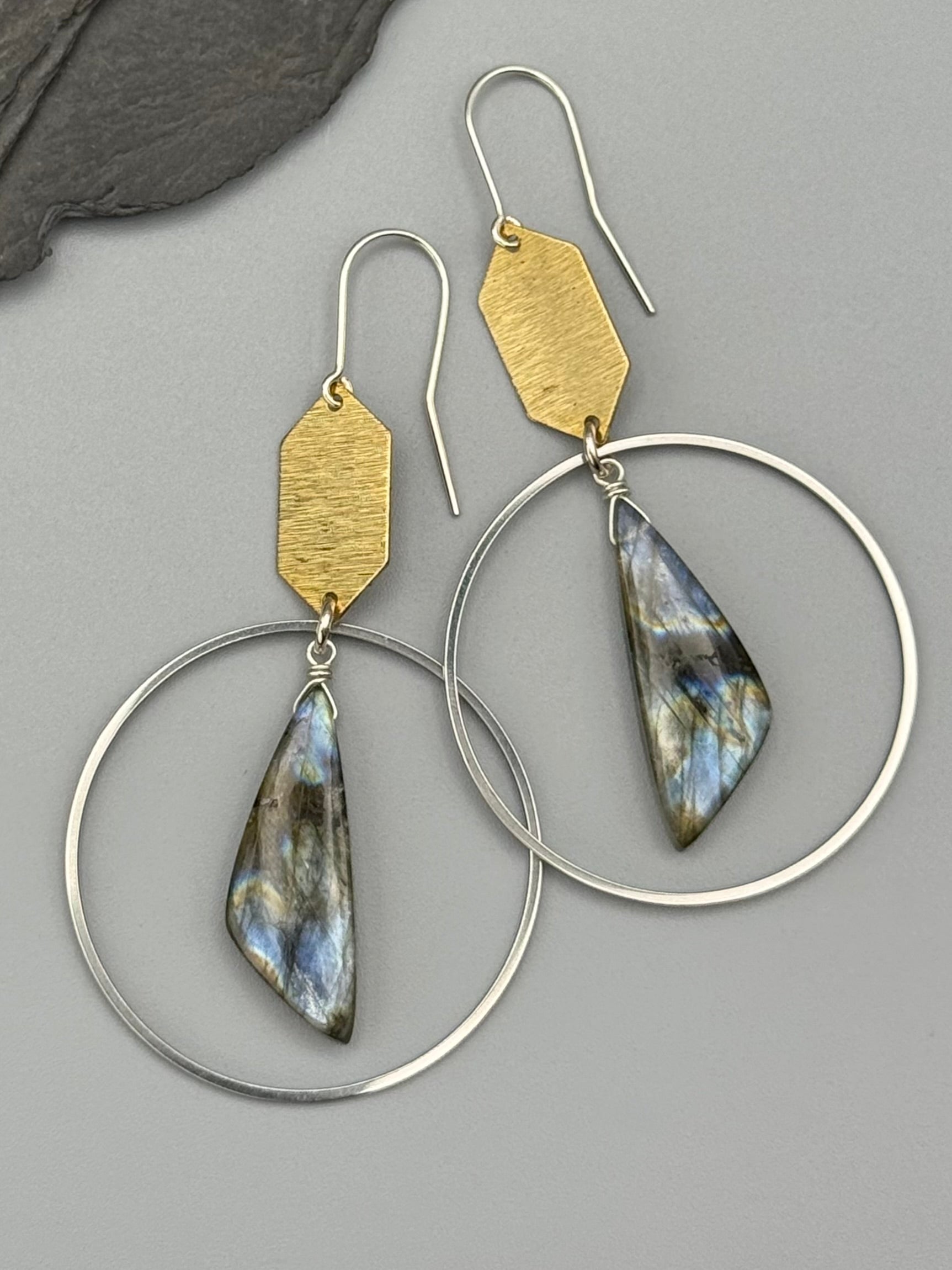 •HEX HOOP• labradorite + mixed metal earrings