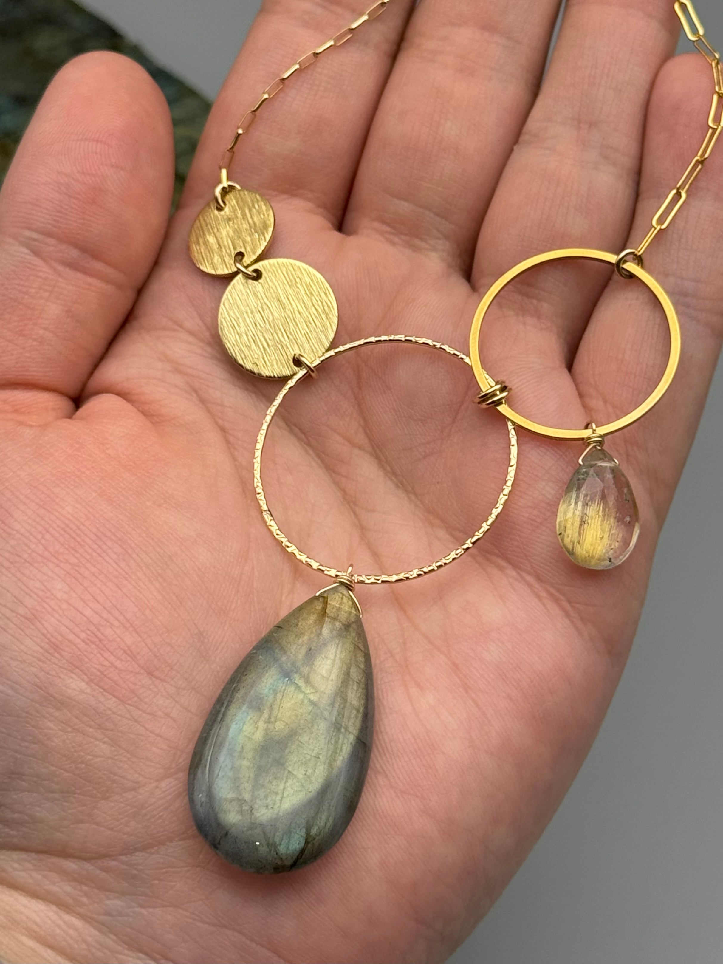 •UNION• rutilated quartz + labradorite gold necklace (16"-18" long)