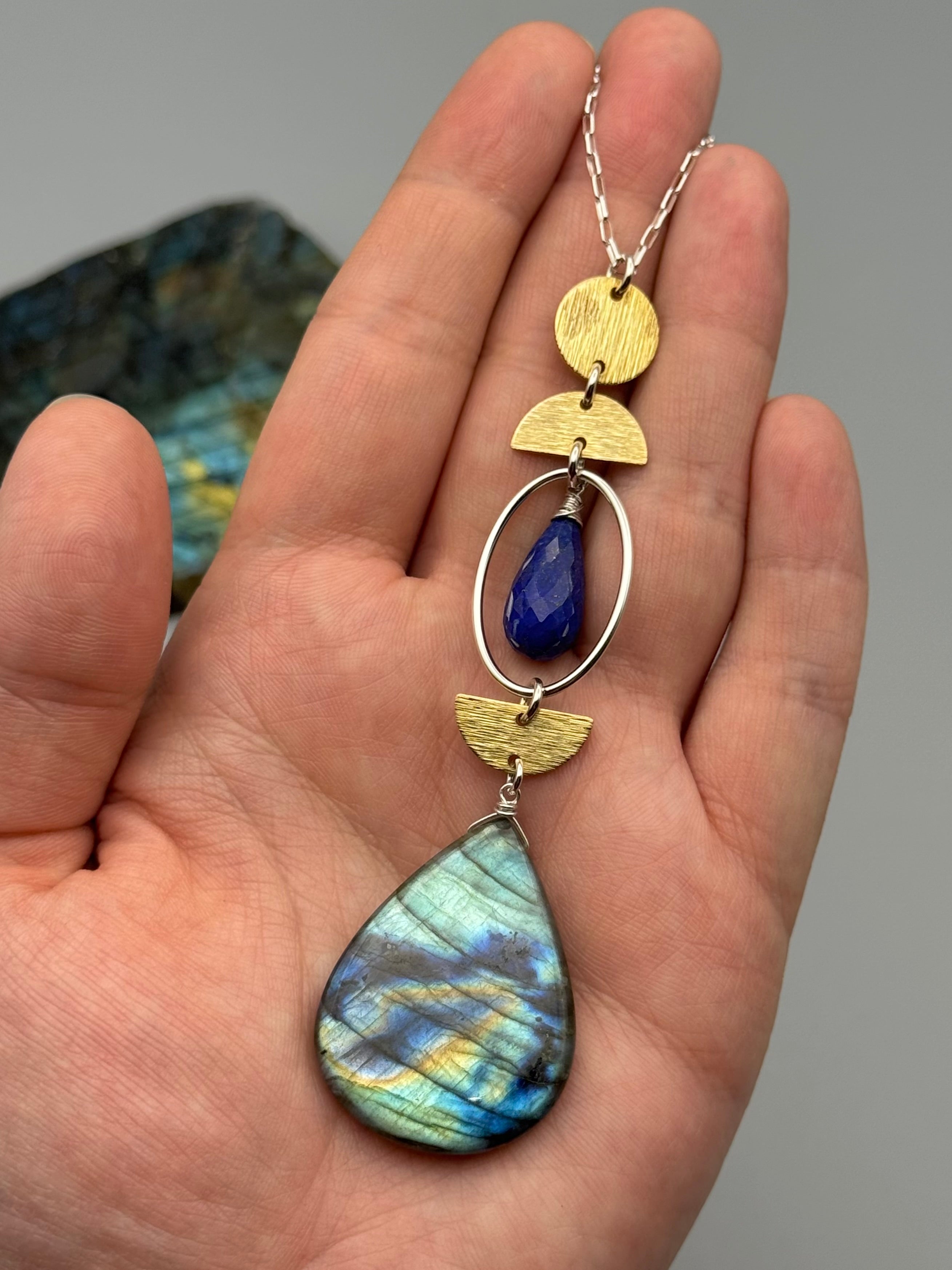 •NYX• lapis + labradorite mixed metal necklace (26"-28" long)