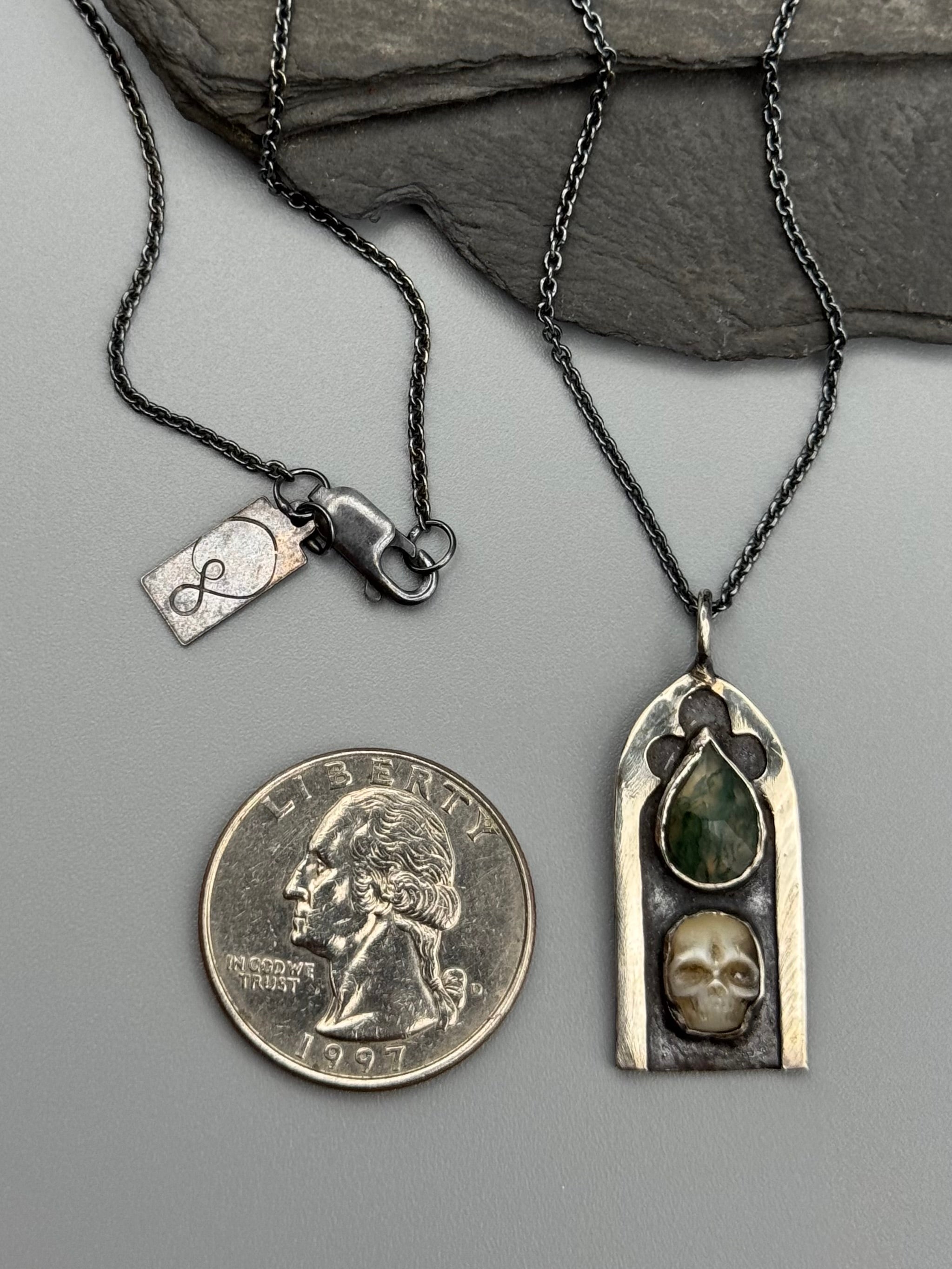 •GOTHIC SKULL• moss agate + mother of pearl + silver necklace (19" long)