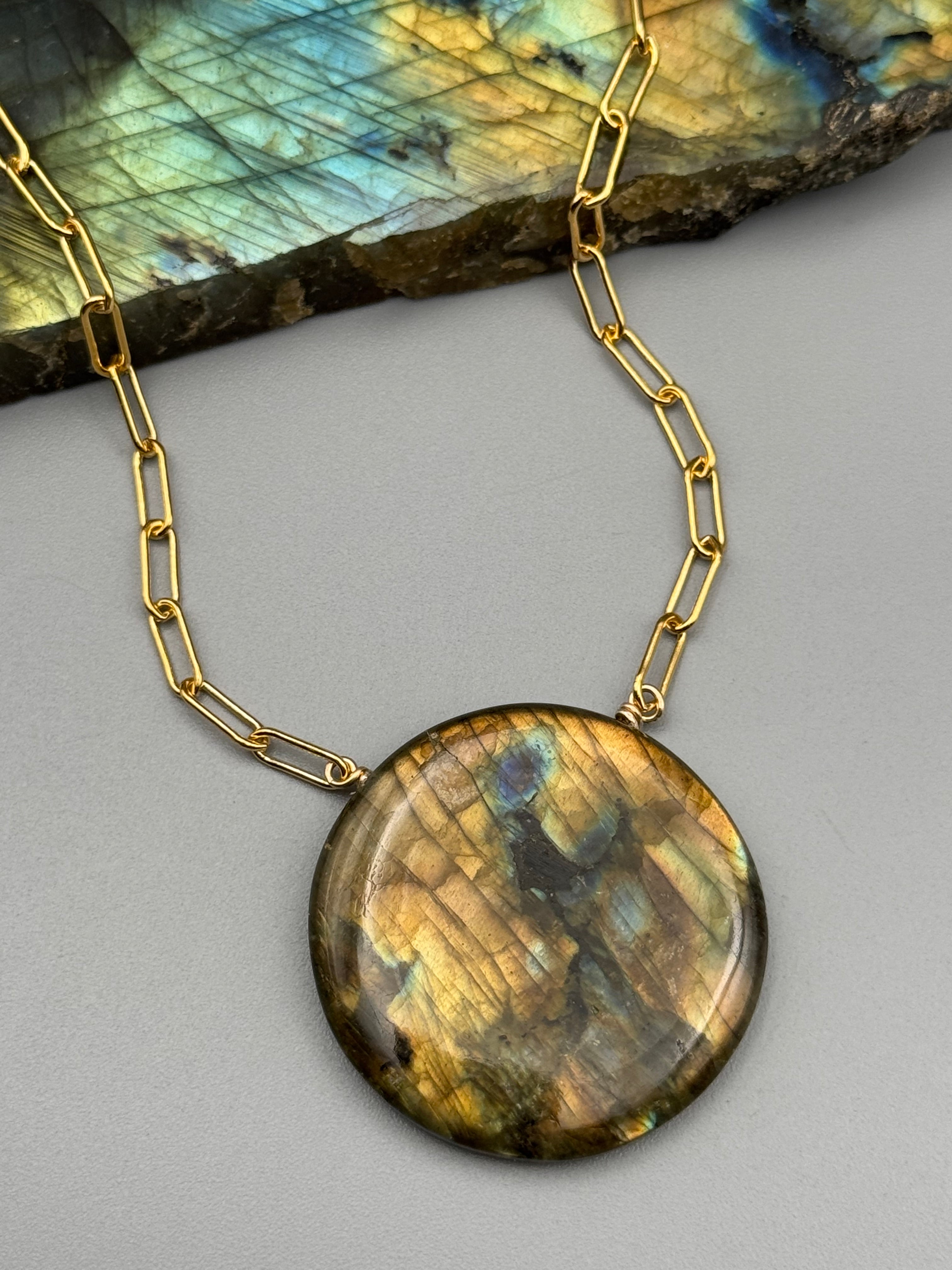 •AEON• labradorite coin + gold necklace (18"-20" long)