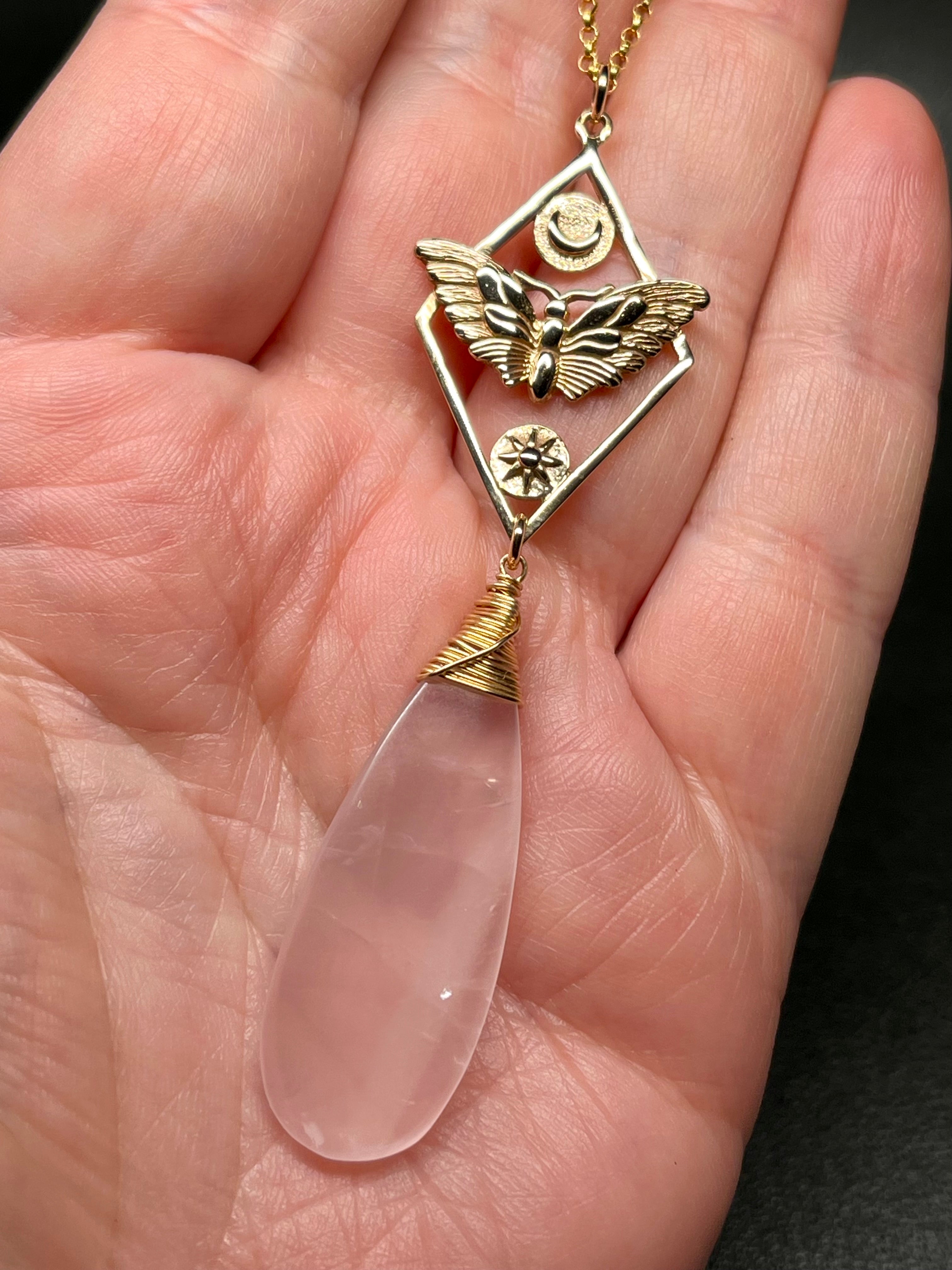 •GUIDE• rose quartz + moth + gold necklace (18"-20")