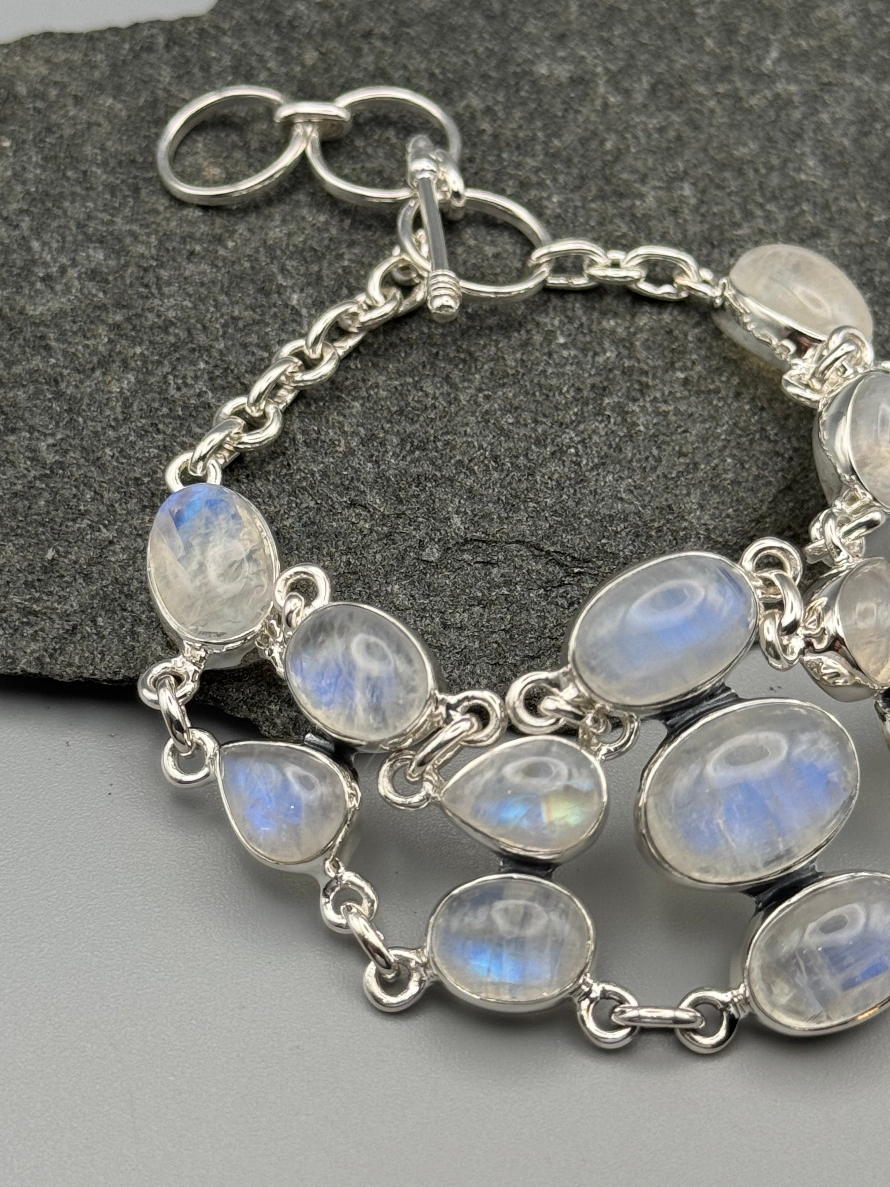 •RAINBOW MOONSTONE - TAPERED• linked silver bracelet (7.25” - 8.5")