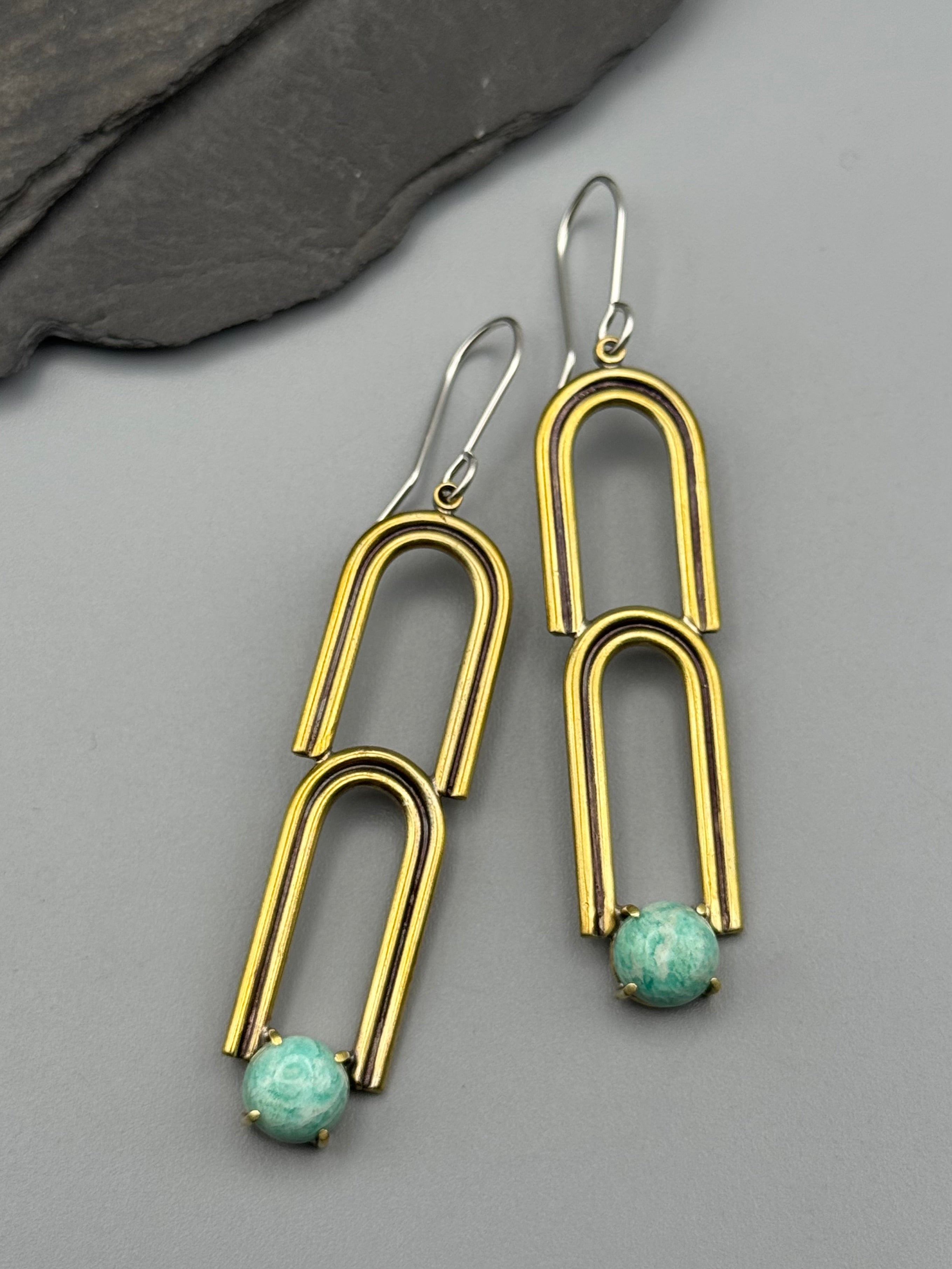 •DOUBLE ARCHES• amazonite + brass dangle earrings
