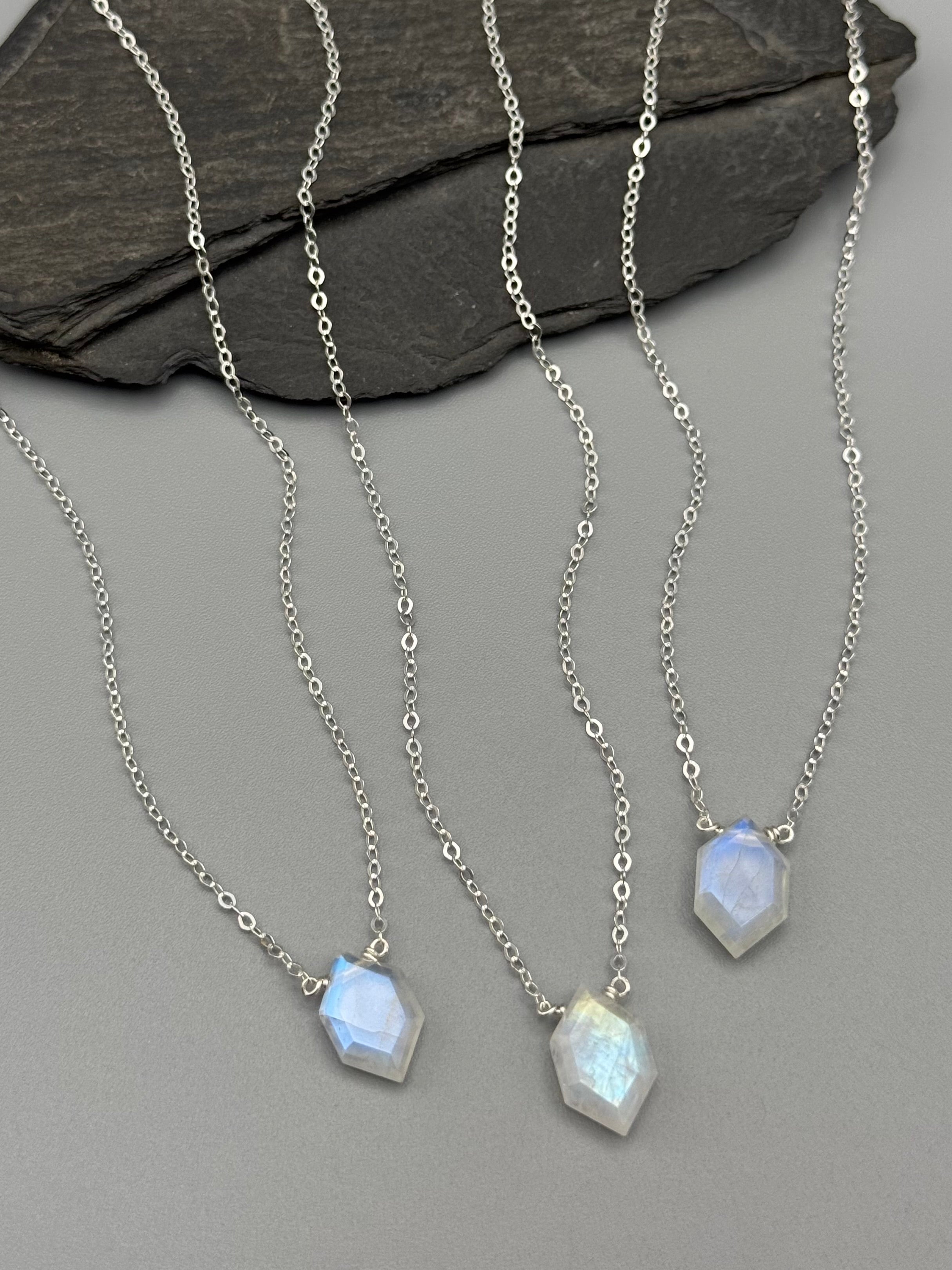 •STRAY• faceted rainbow moonstone lil' hex + silver necklace (various lengths)