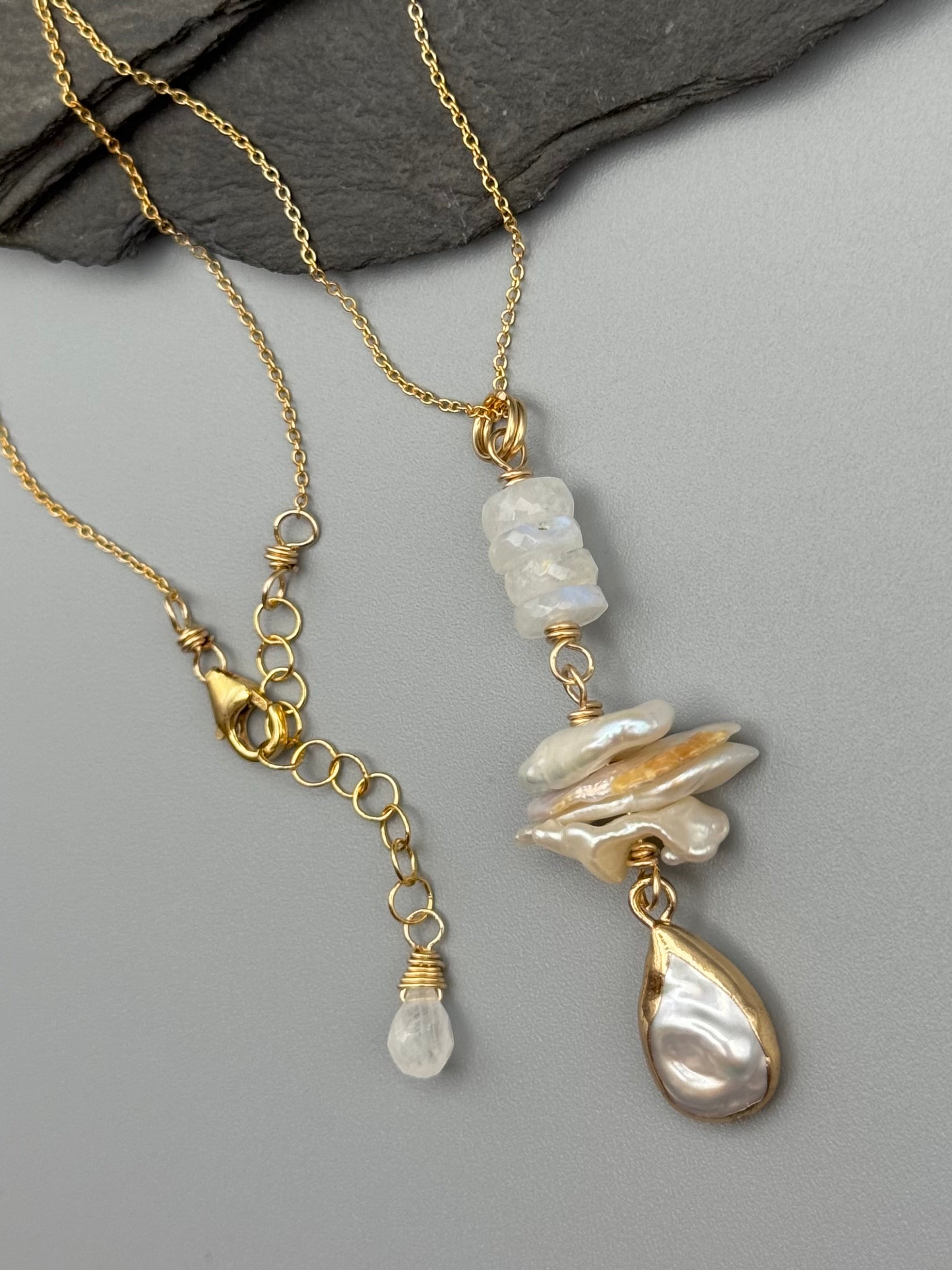 •BEACH STACK• pearl + moonstone gold Y-necklace (18" long)