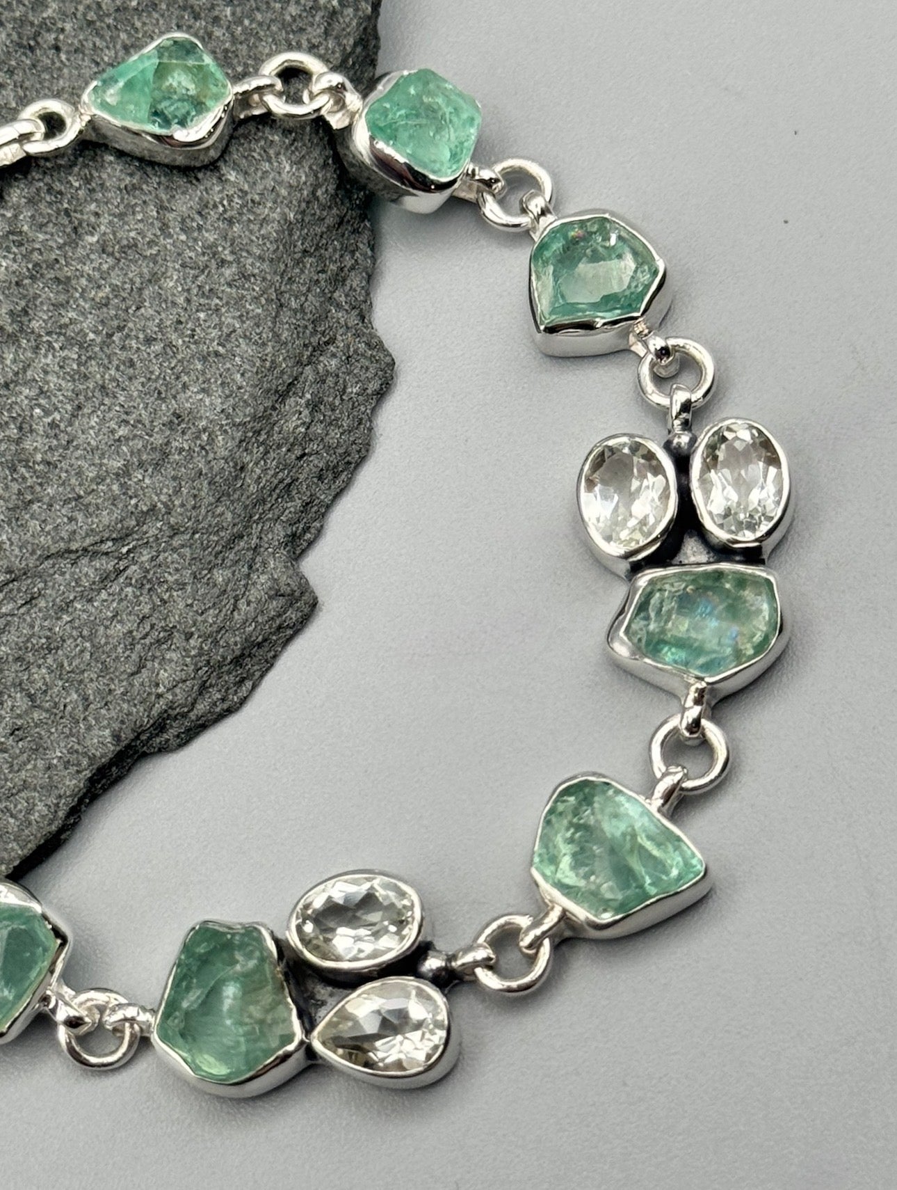 •APATITE + GREEN AMETHYST - CLUSTER• linked silver bracelet (7" - 8.25")