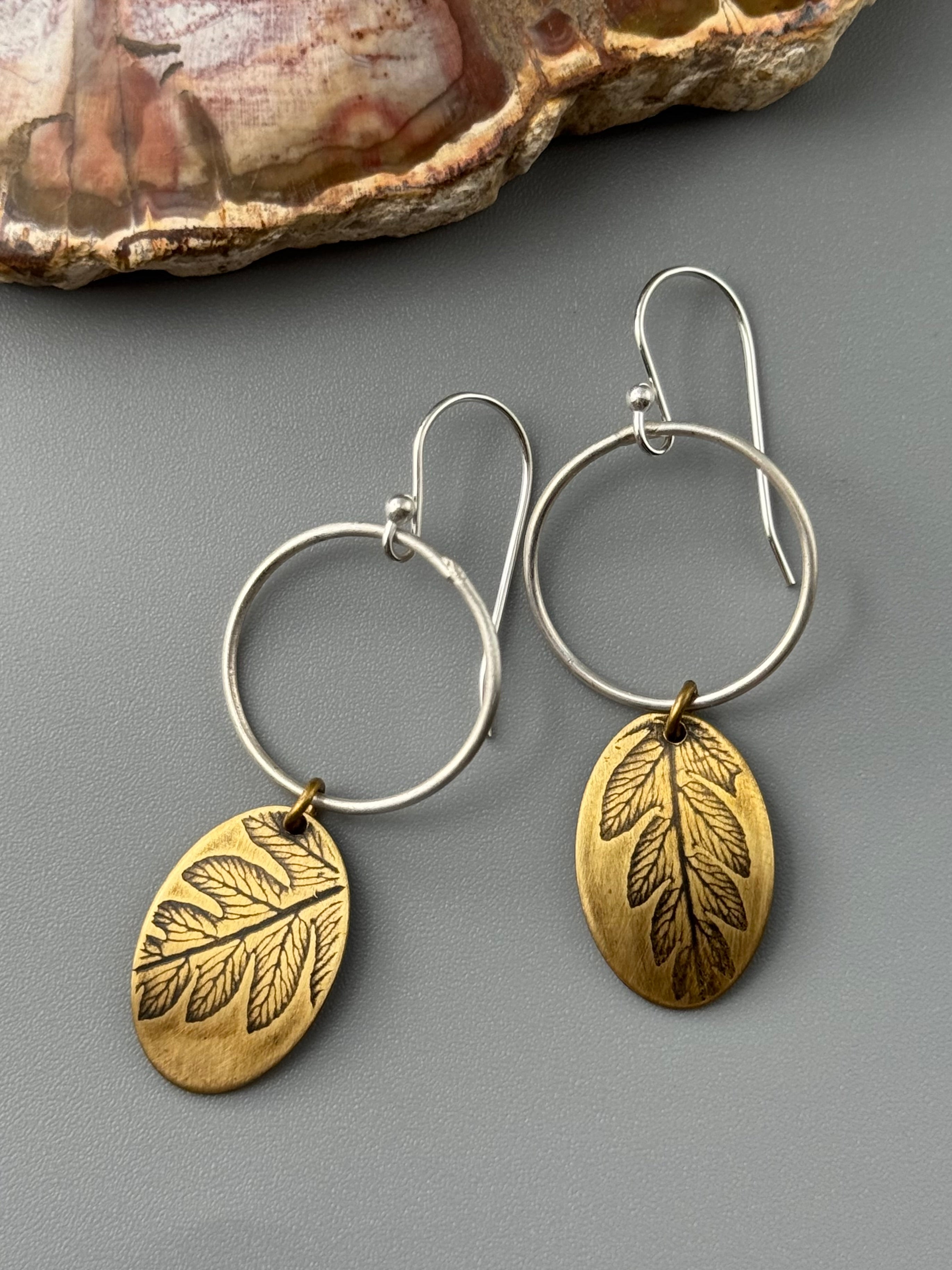 •FERN MOON• mixed metal dangle earrings