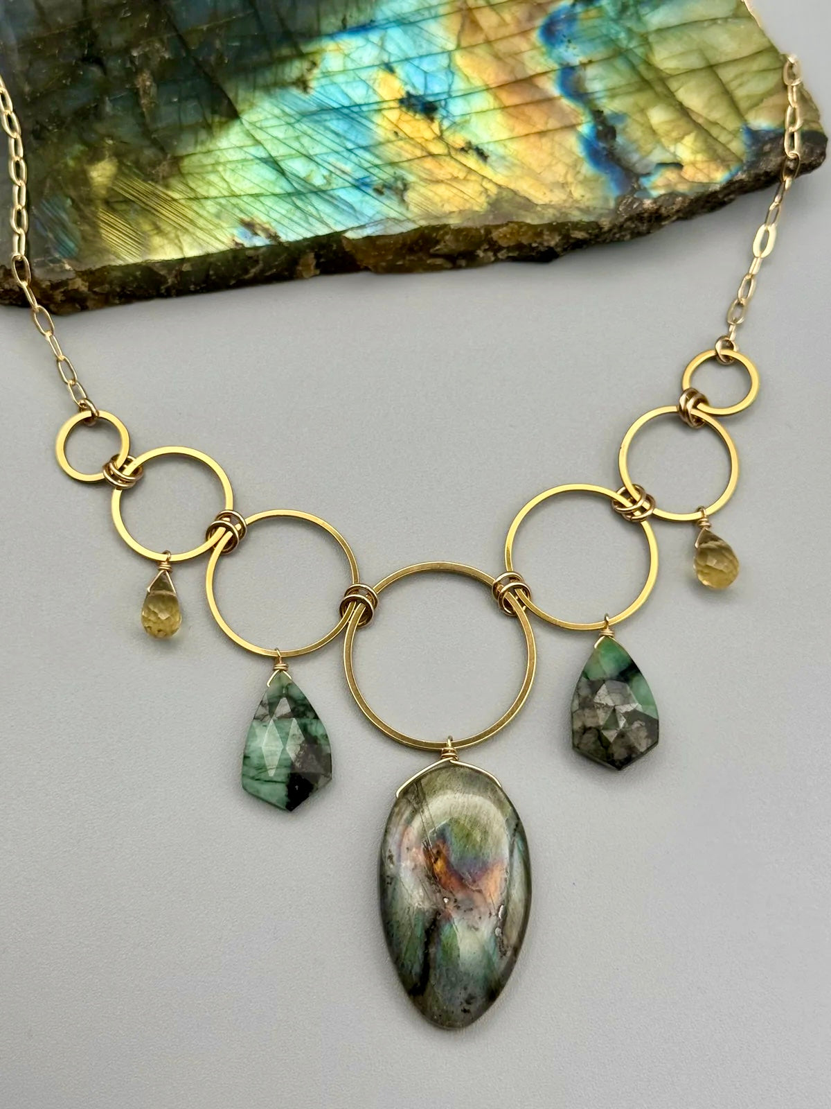 •UNION• labradorite + emerald + citrine gold necklace (18"-20" long)