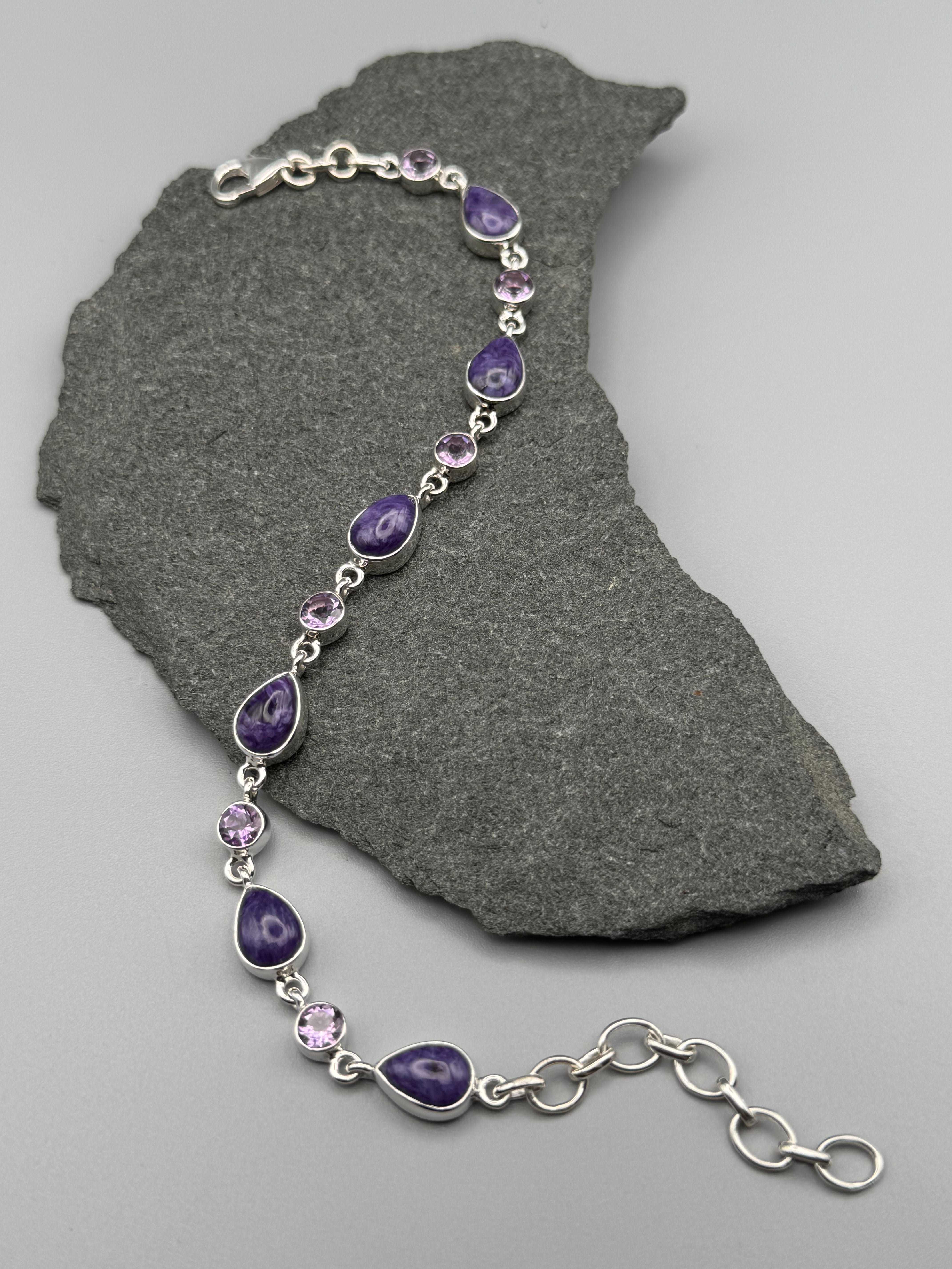 •CHAROITE + AMETHYST• linked silver bracelet (7.5" - 9")