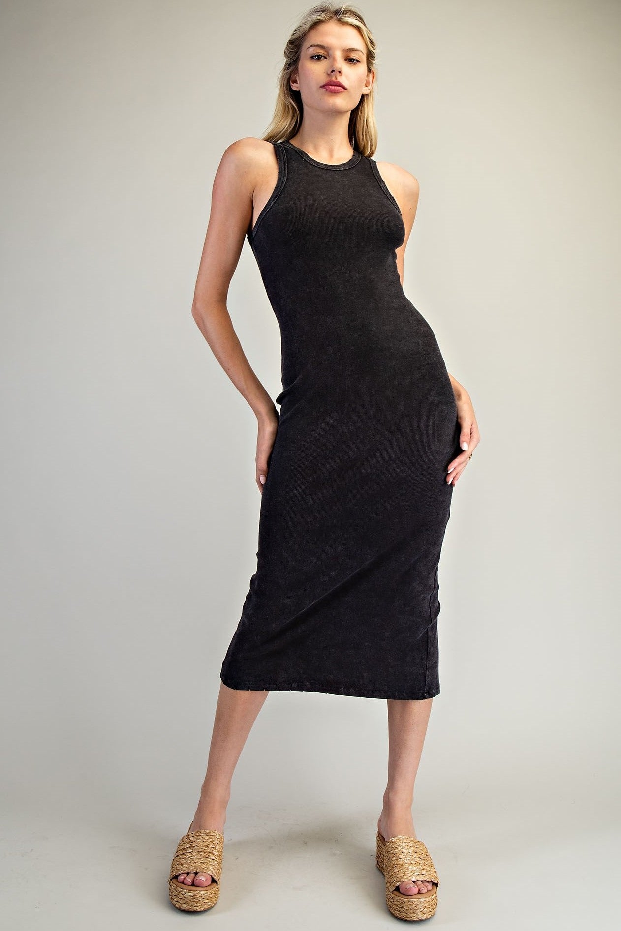 •KEKE• ribbed knit cotton blend midi dress