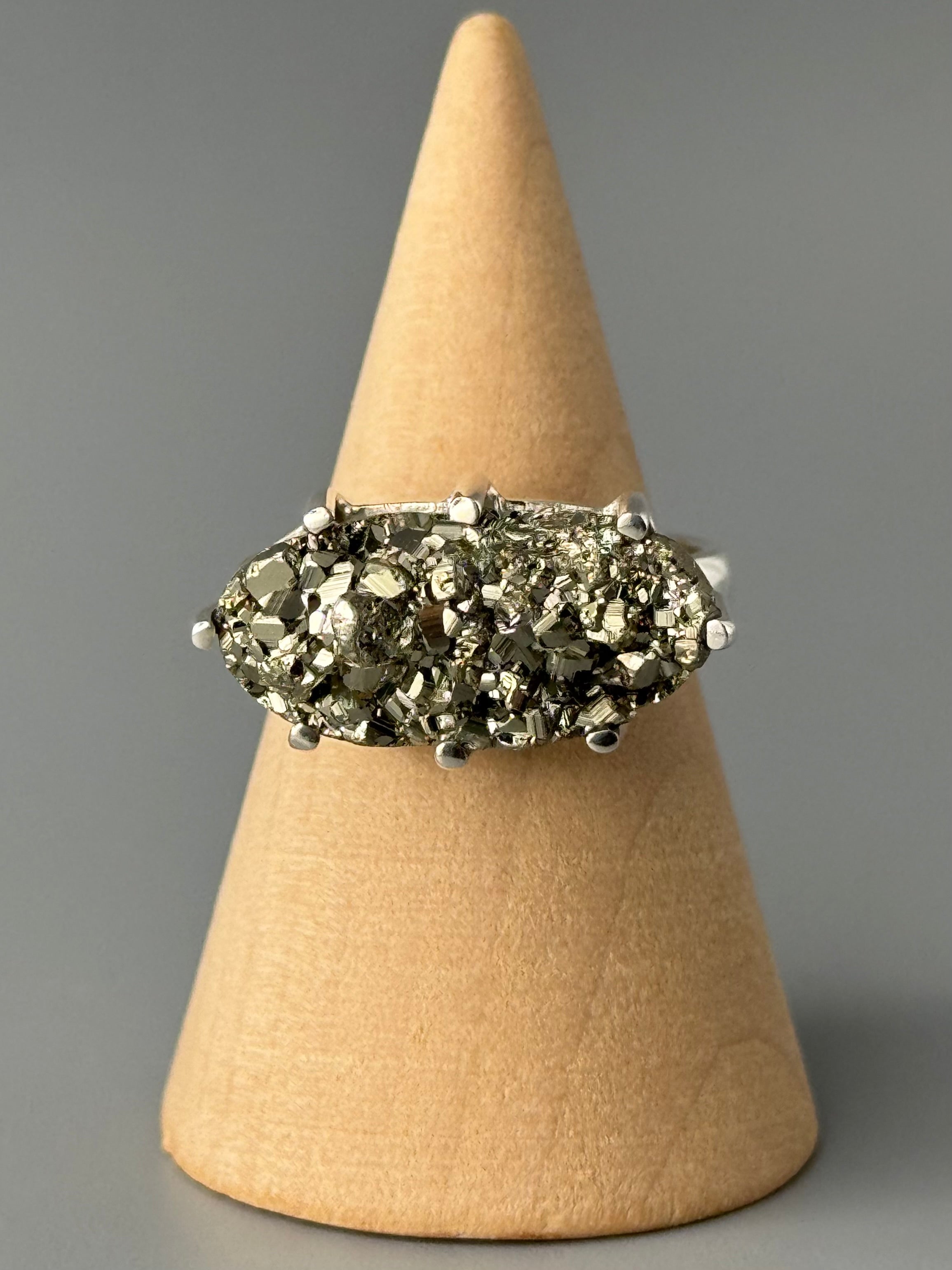 •PYRITE - BATTLESHIP• prong set silver ring (size 7.75)
