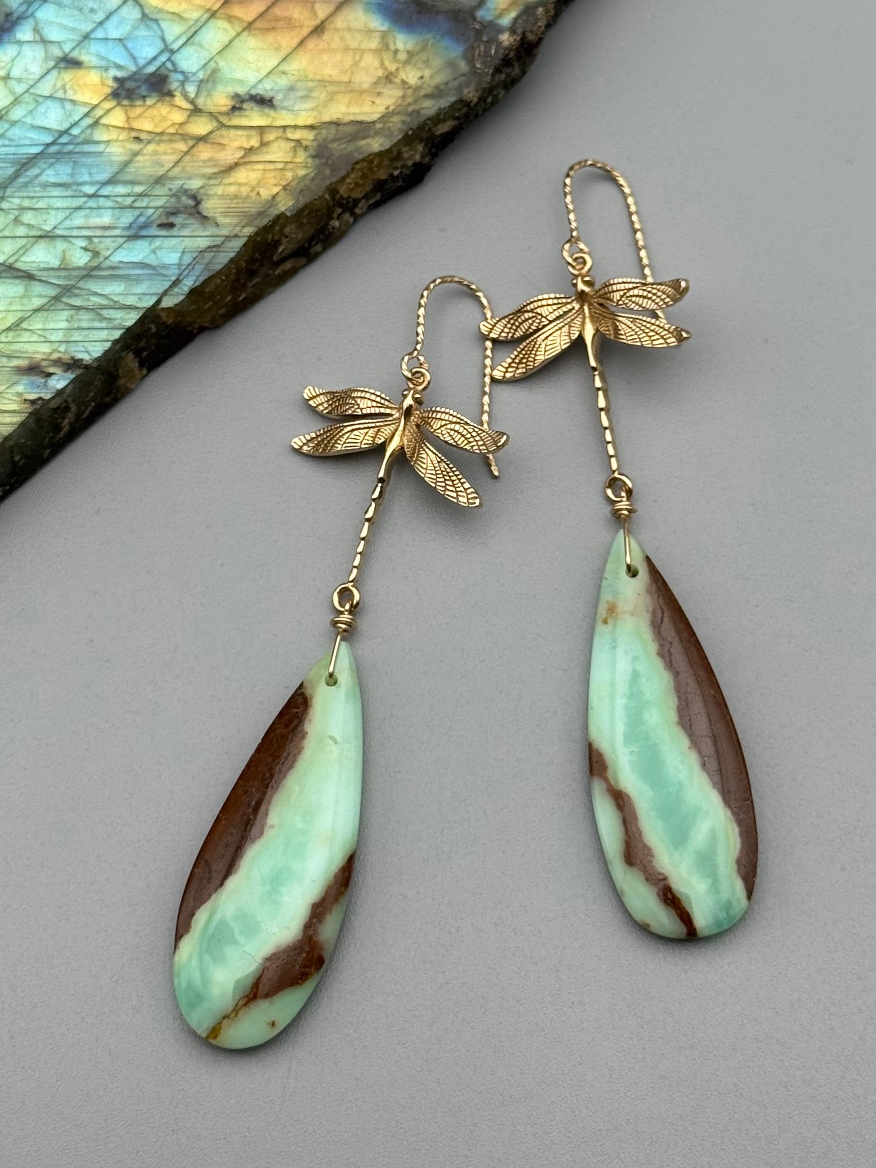•ODONATA• chrysoprase tear + gold earrings