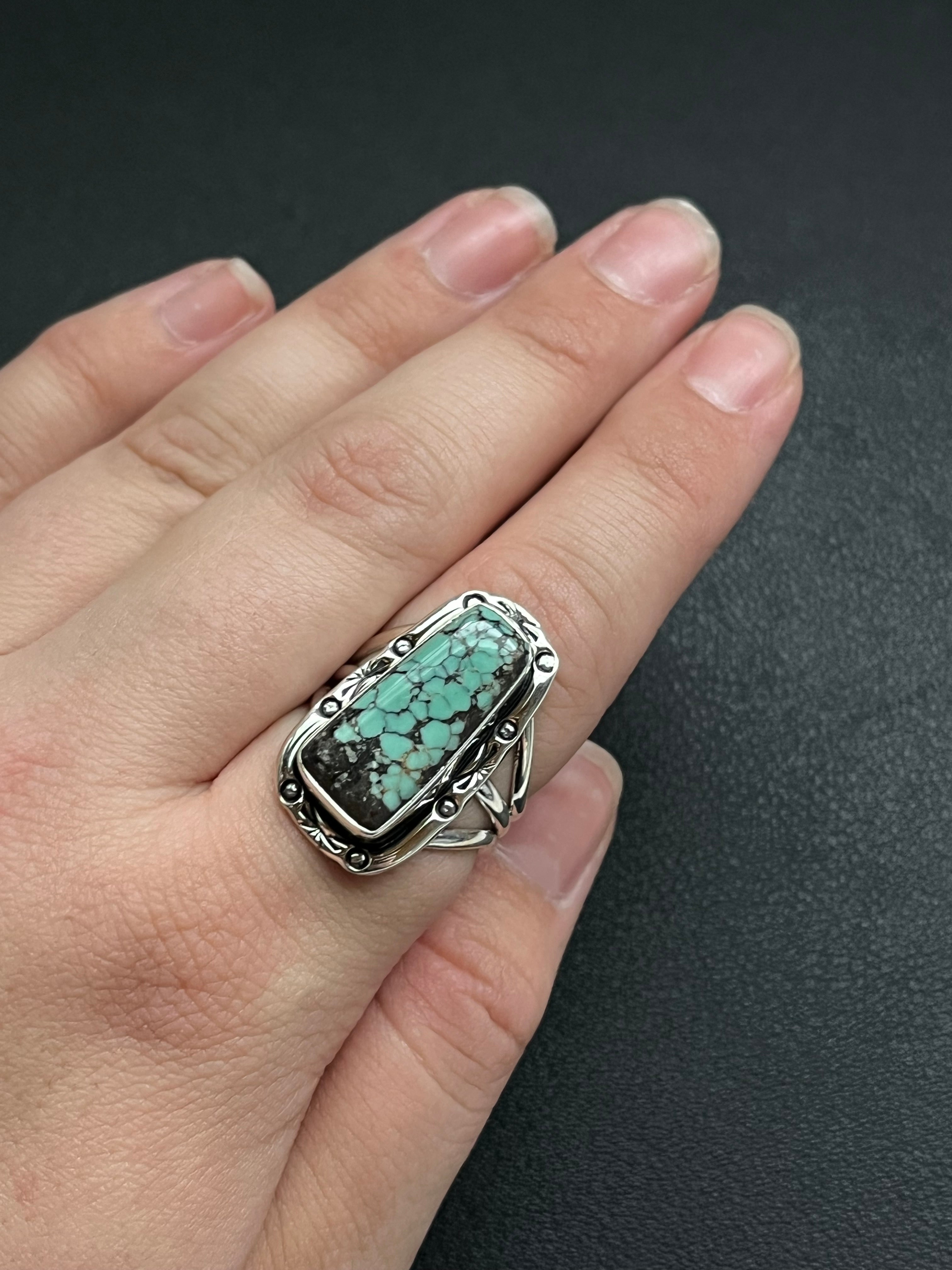 •CHINESE TURQUOISE• Navajo silver ring - size 9