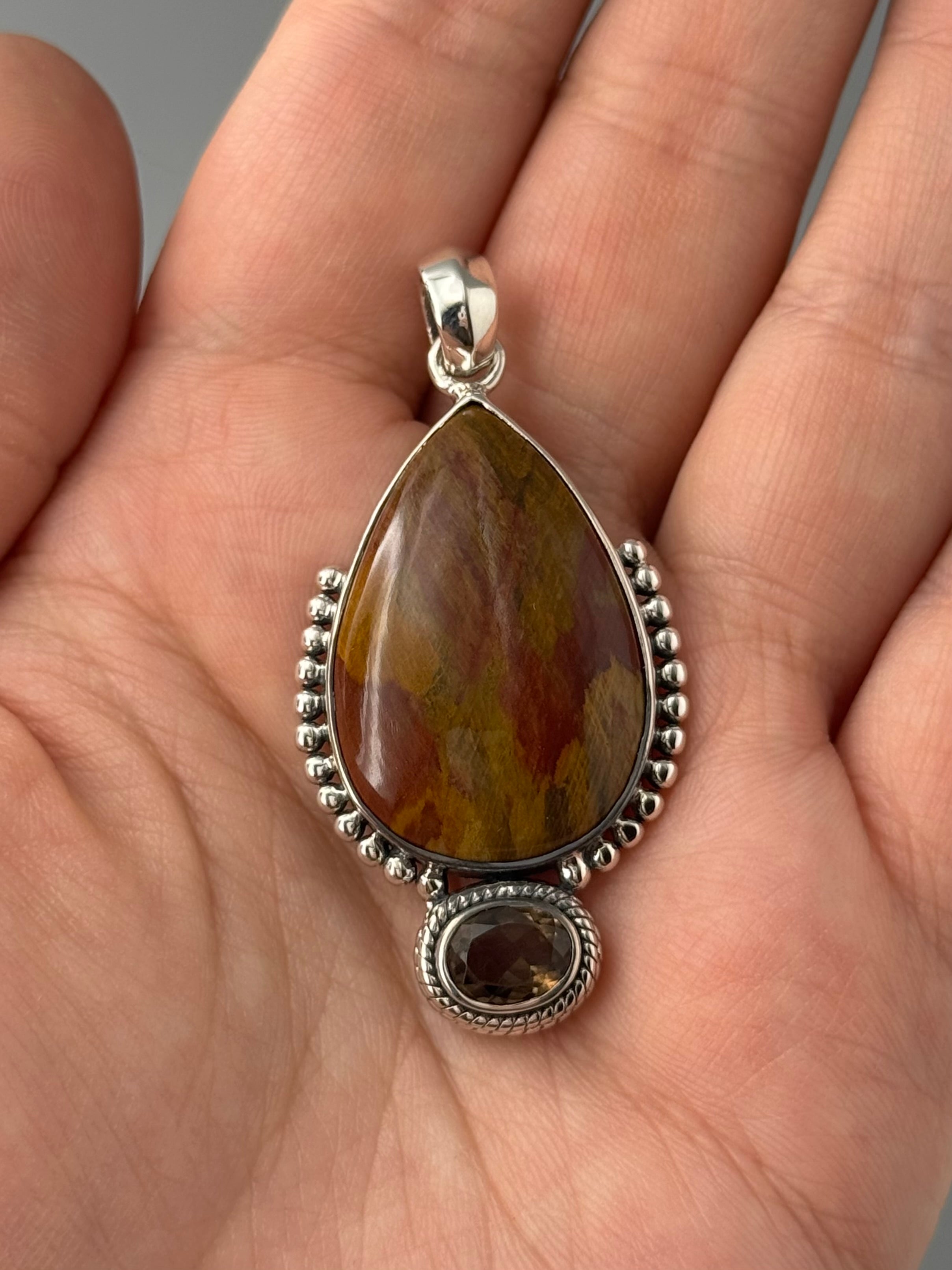 •PETRIFIED WOOD + SMOKY QUARTZ - 1• sterling silver pendant