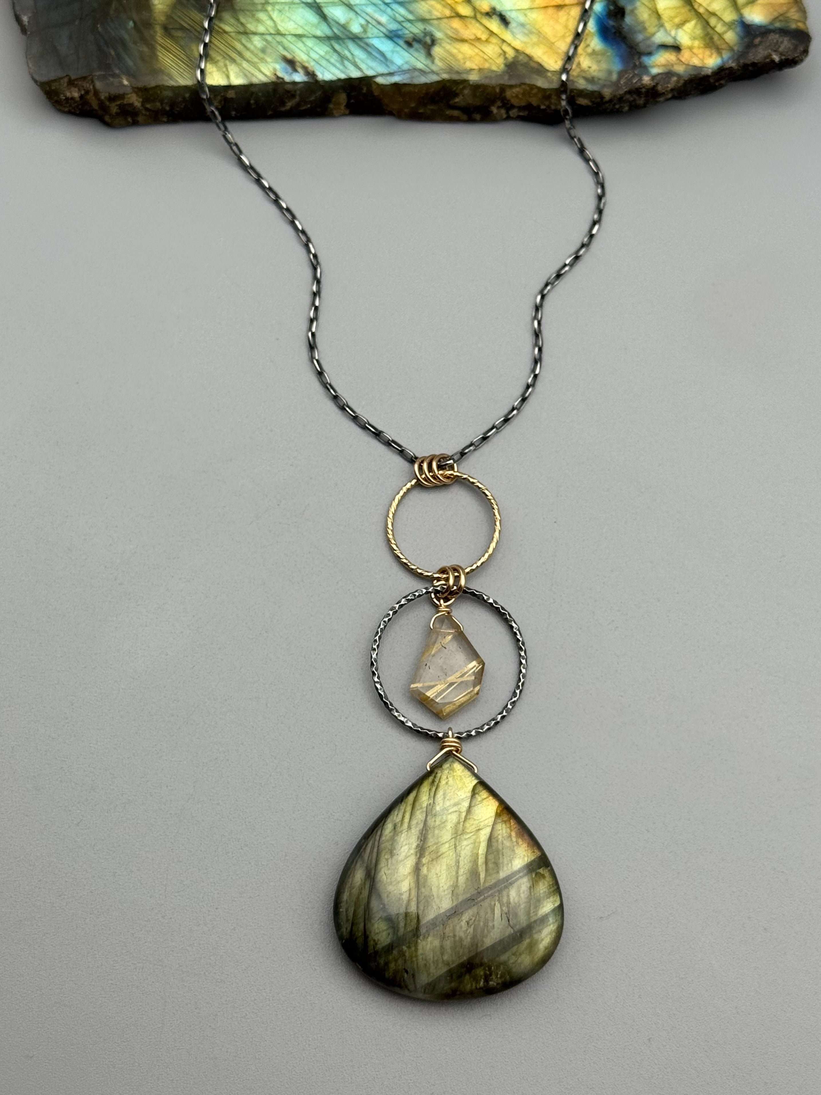 •NYX• rutilated quartz + labradorite mixed metal necklace (26"-28" long)