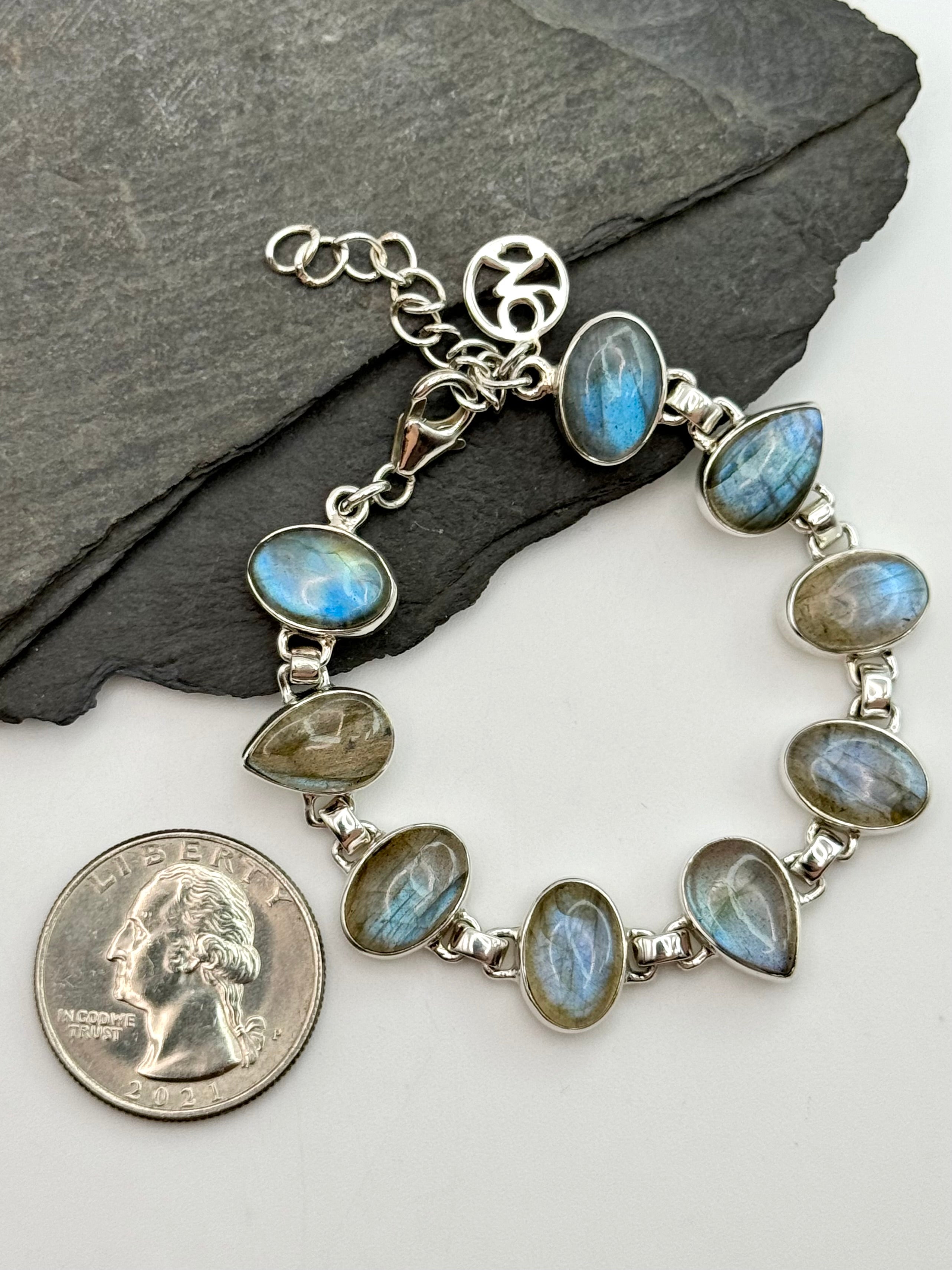 •LABRADORITE OVALS + TEARDROPS• multi-stone + silver bracelet (6.5"-7.5")