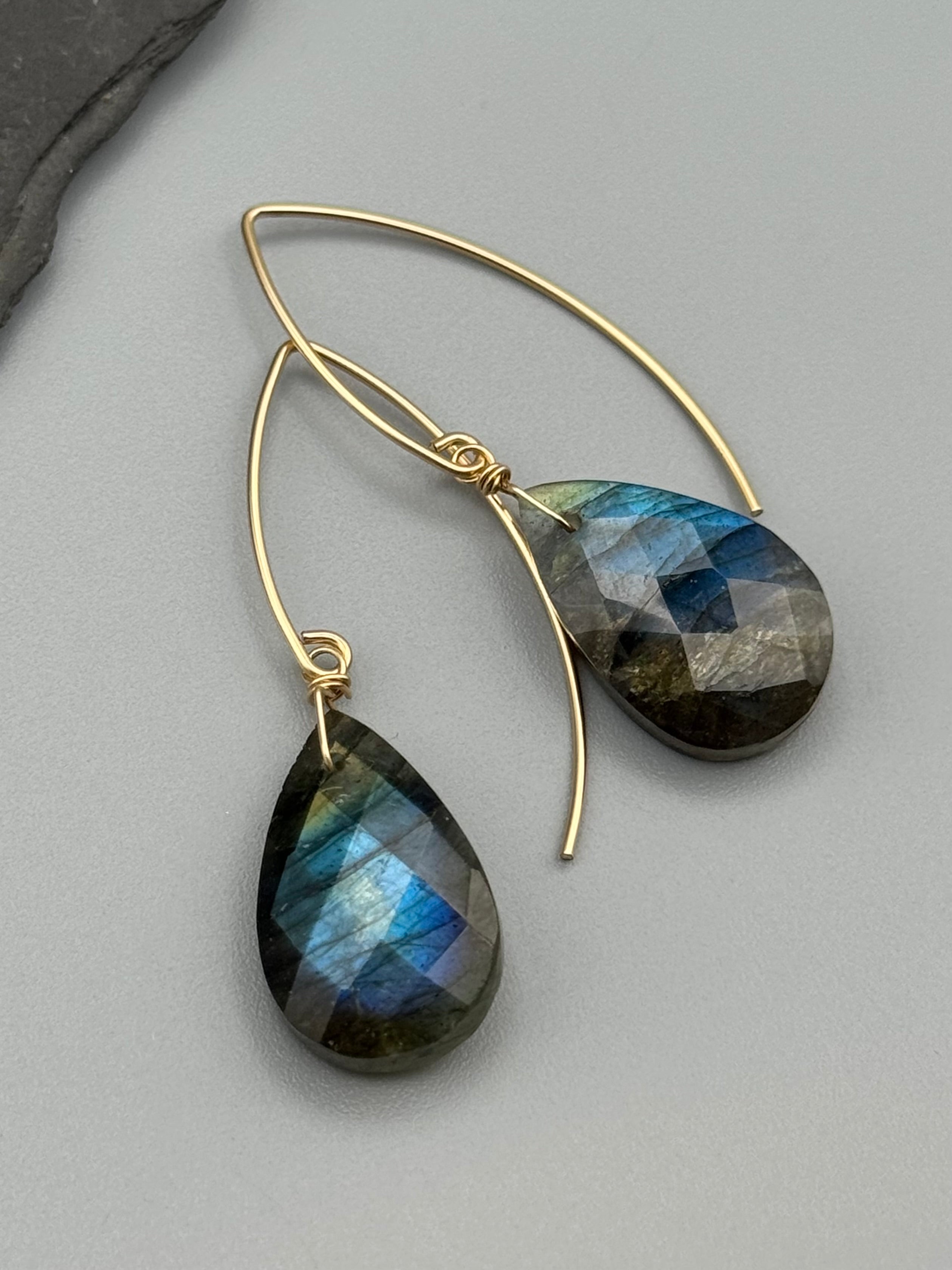 •STRAY• faceted labradorite tear + gold earrings