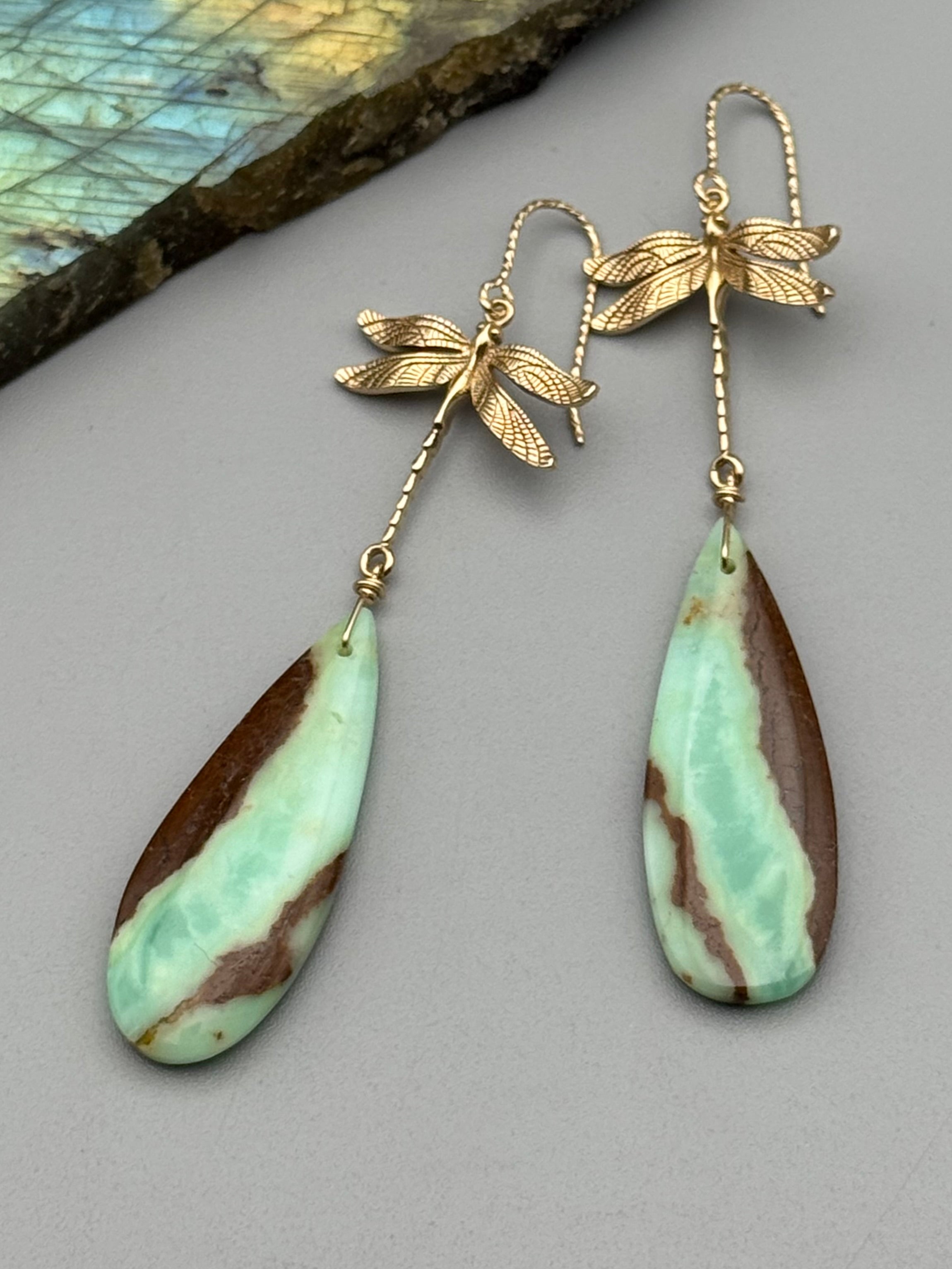 •ODONATA• chrysoprase tear + gold earrings