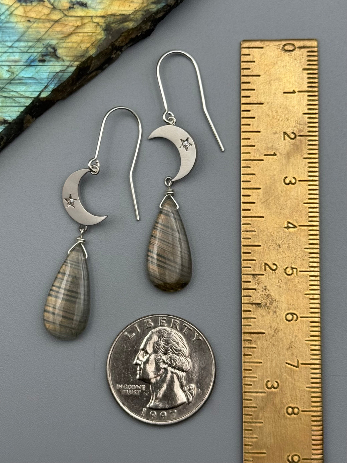 •CRYSTAL CRESCENT• golden labradorite tear + silver earrings