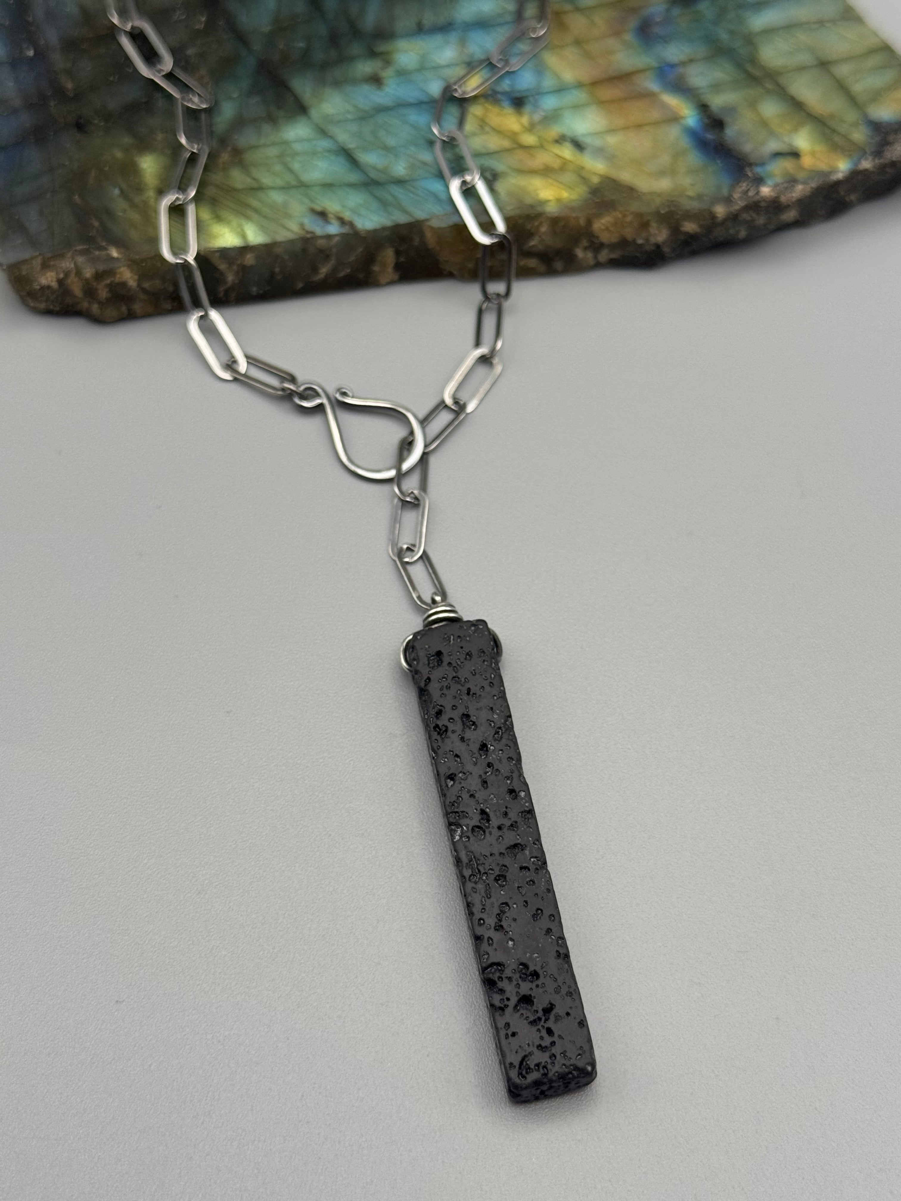 •LINKED• black lava + silver necklace (ADJ to 19")