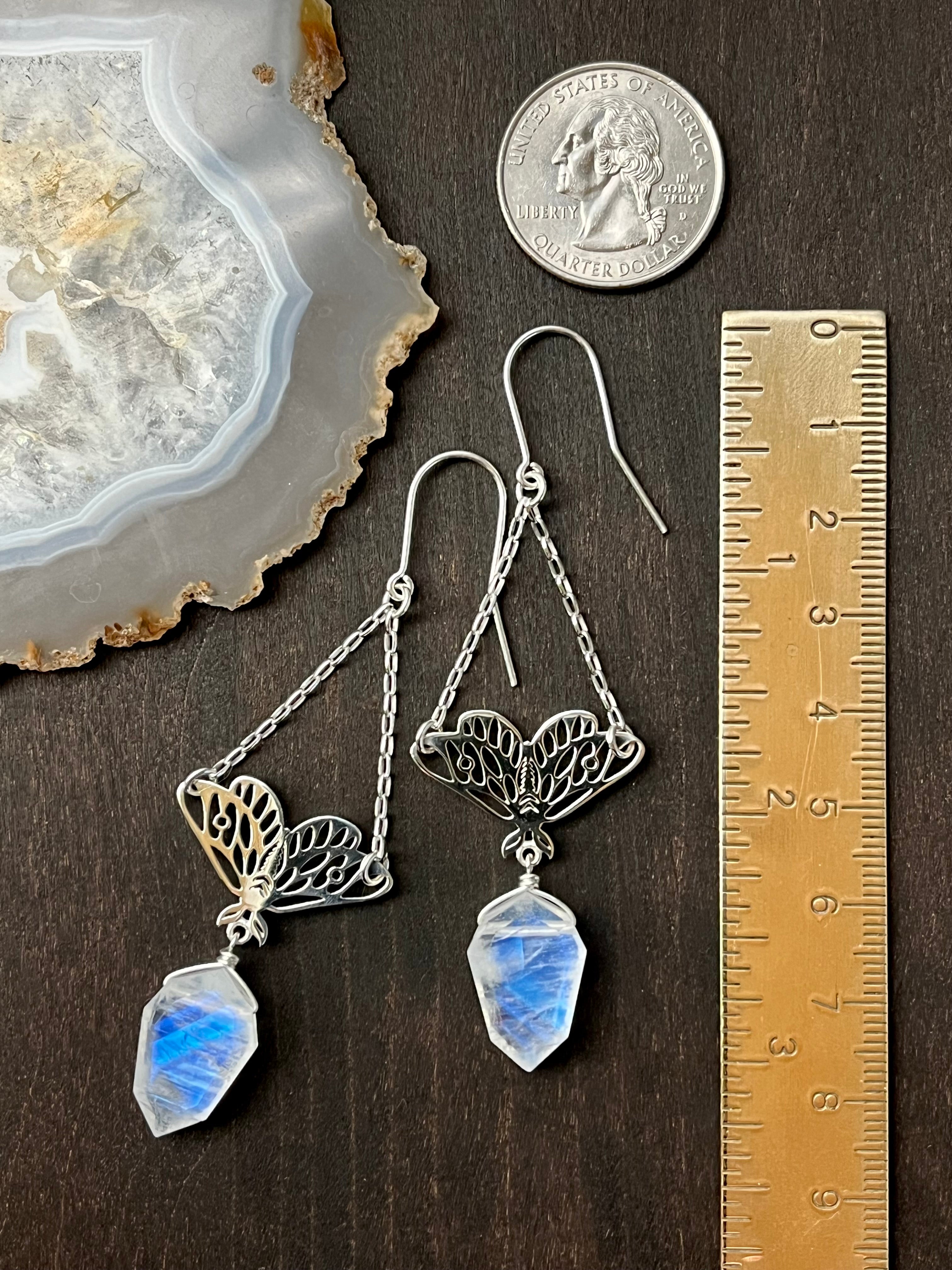 •GUIDE• rainbow moonstone + silver dangle earrings