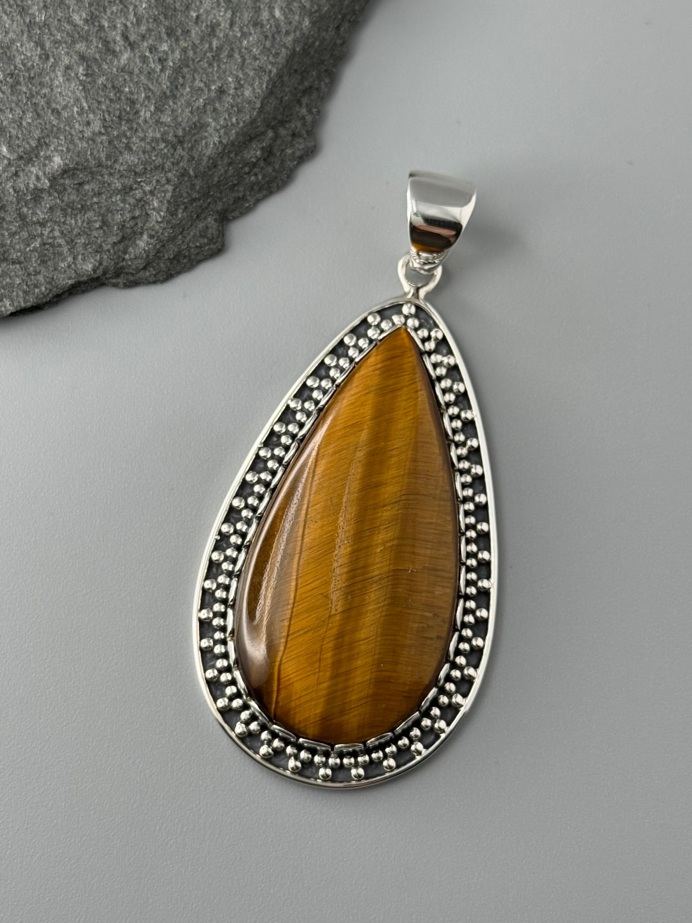 •TIGER EYE TEAR - LOOKING GLASS• sterling silver pendant