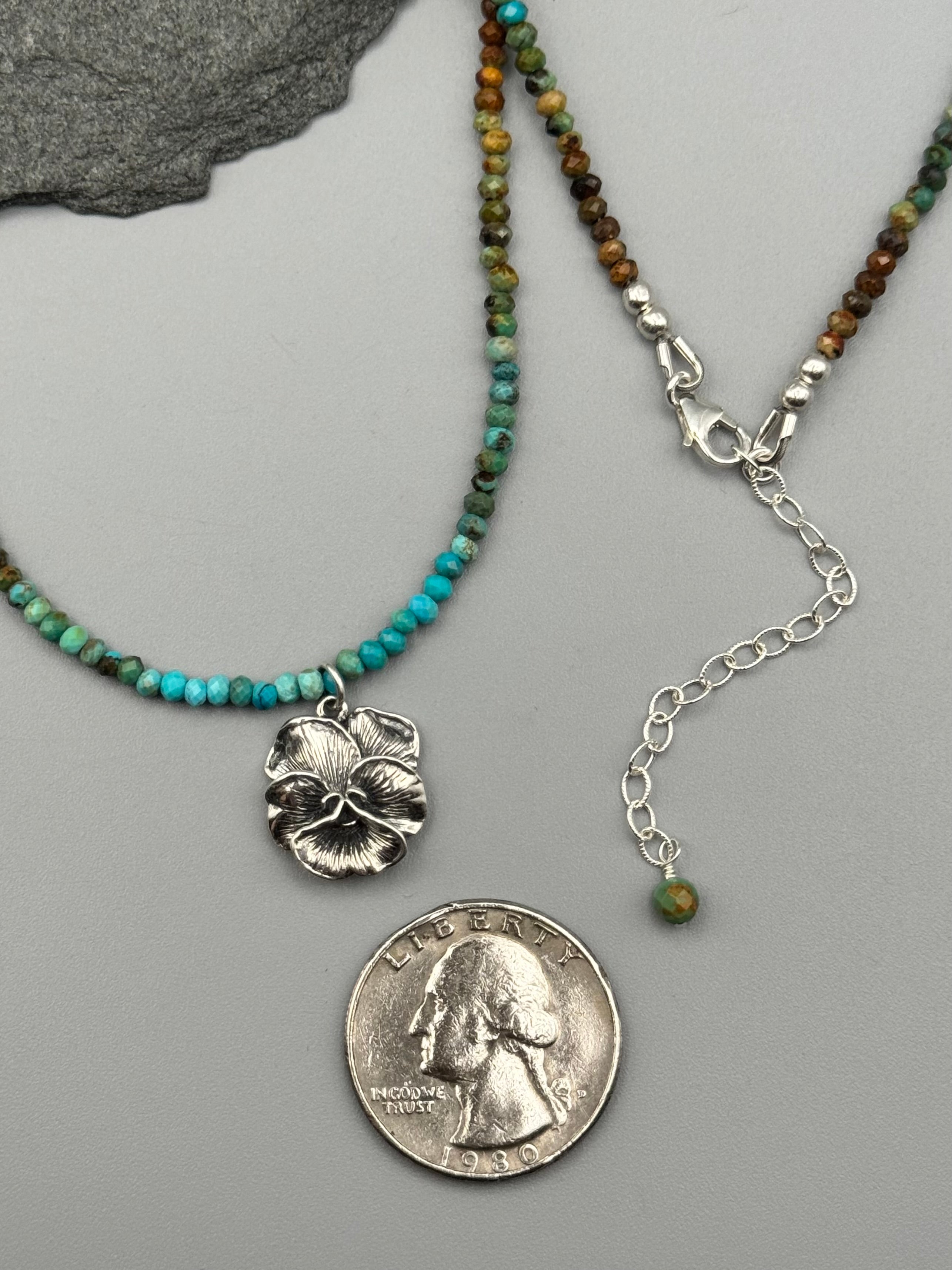•TURQUOISE - PANSY• silver beaded necklace (16" - 18" long)