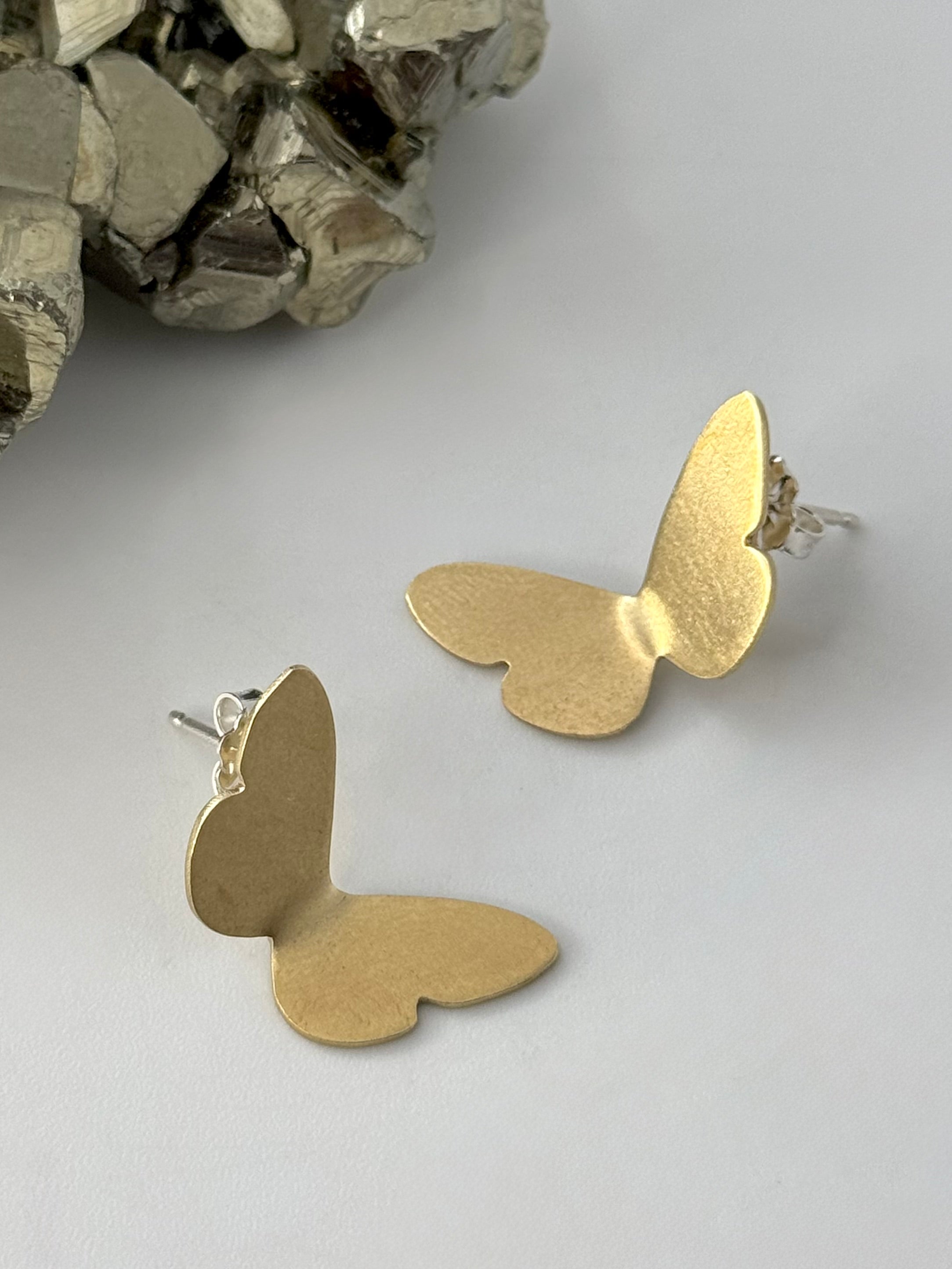 •FLUTTERING BUTTERFLY• brass + silver stud earrings