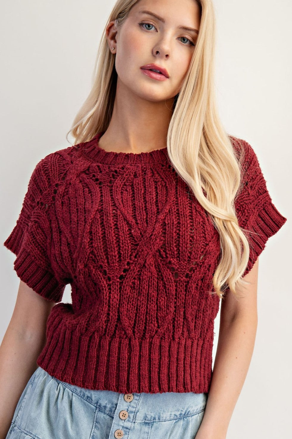 •MORGAN• cable knit short sleeve sweater