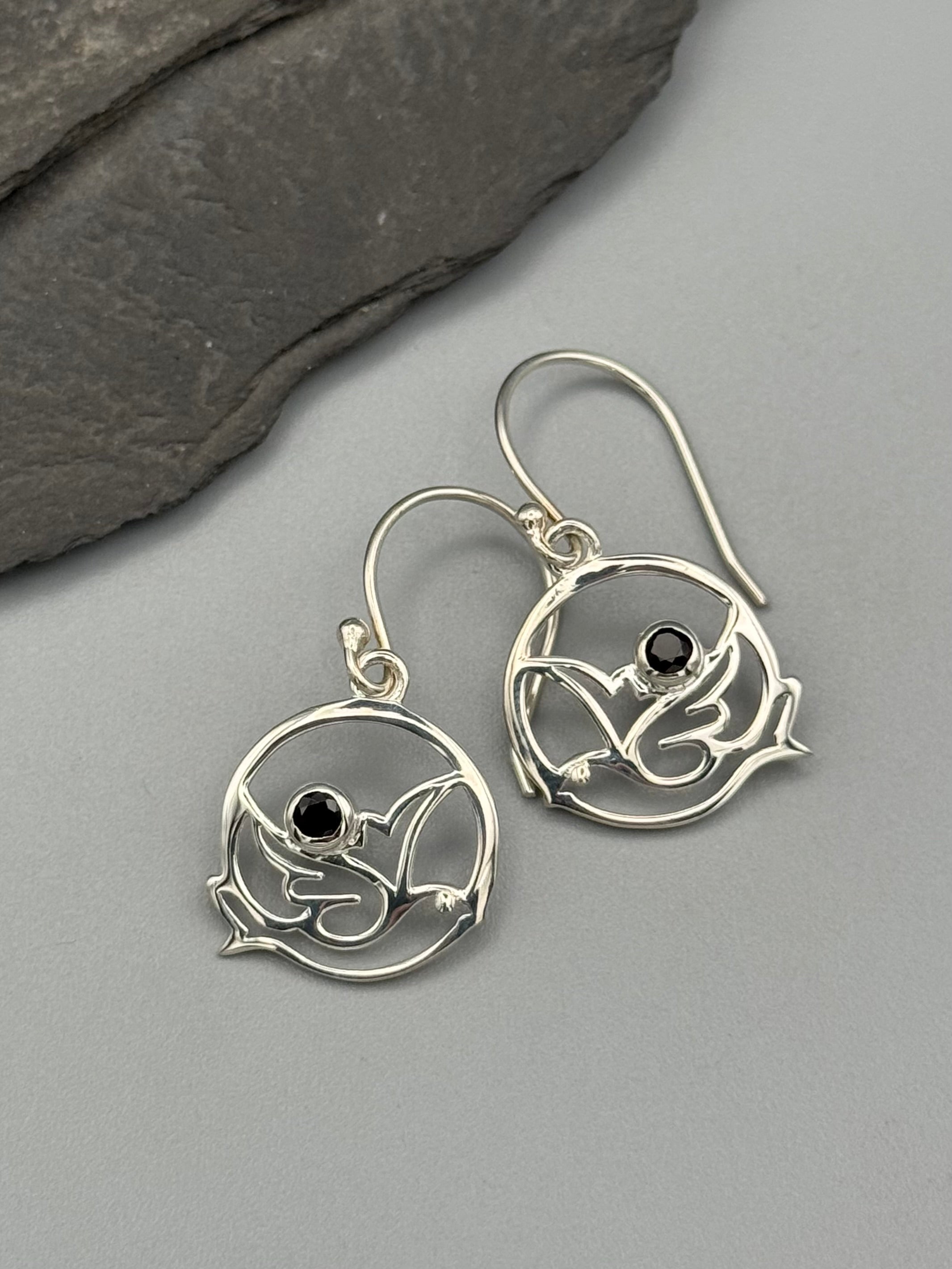 •DOVE CUTOUT• onyx + silver dangle earrings