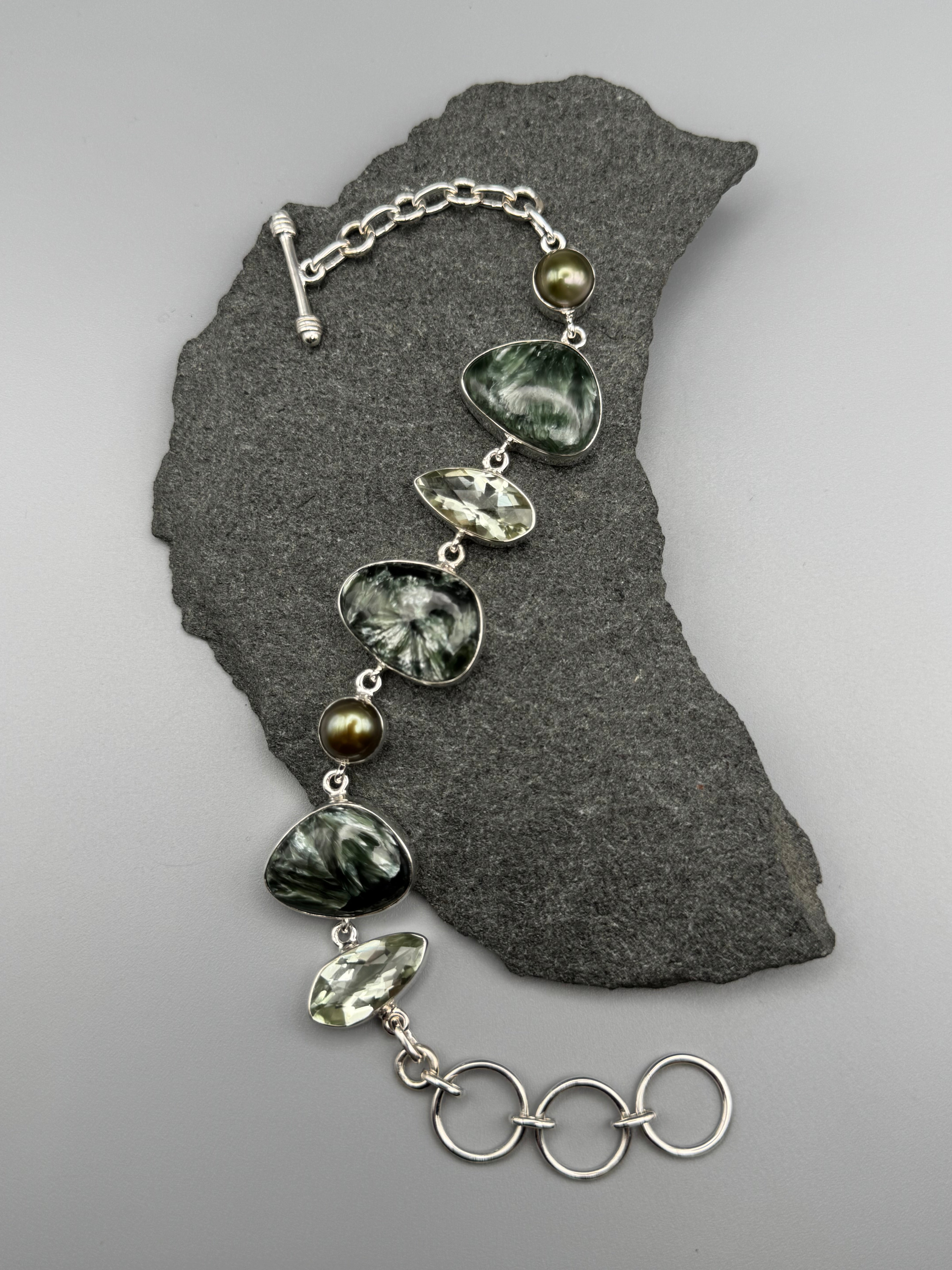 •SERAPHINITE - MULTI-STONE• linked silver bracelet (7.25" - 8.5")